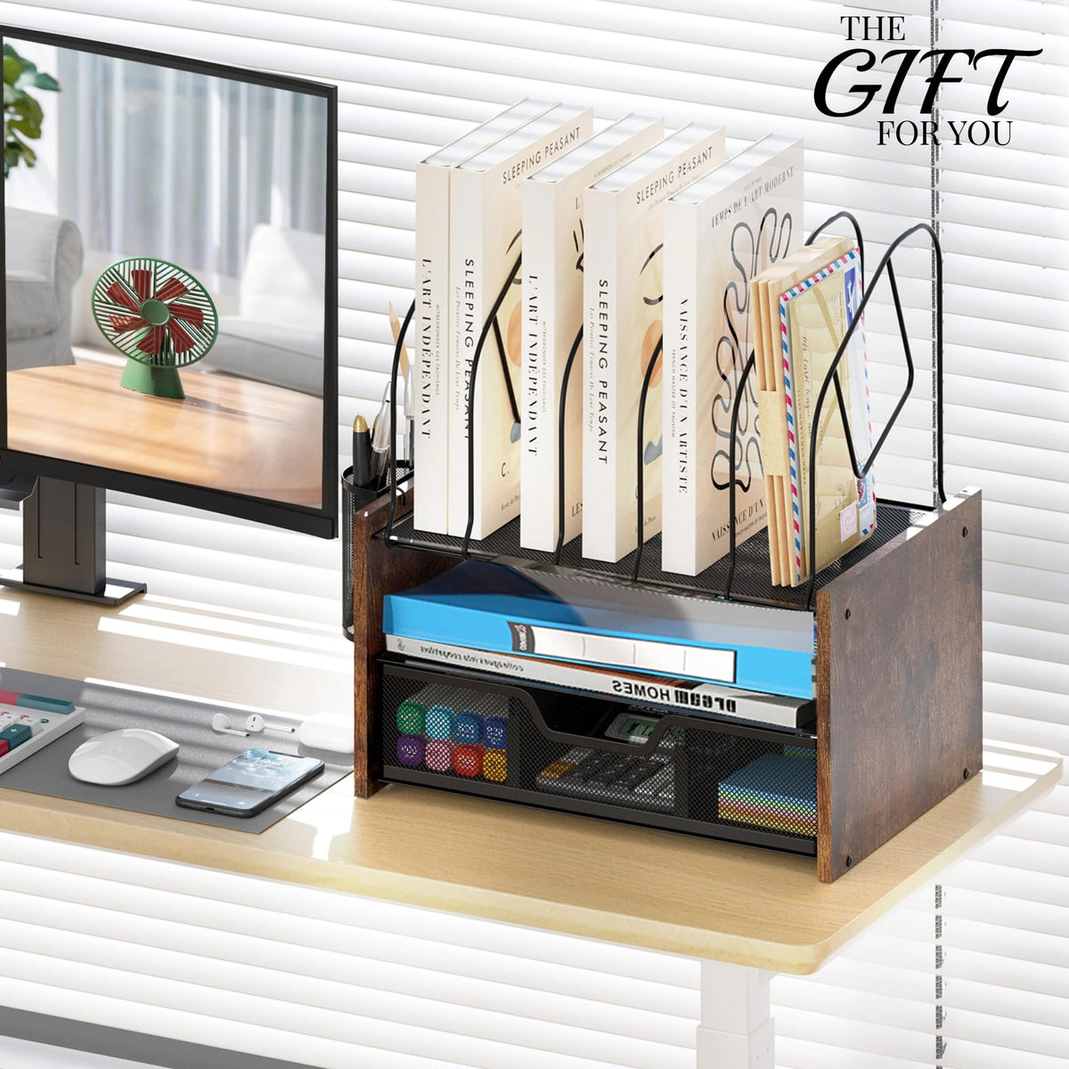 Boershun Wood Desk Organizer - 2-Tier Desktop File Organizer with Drawer with Vertical File Holder, Wooden Paper Tray, Office Desk Organzier and Accessories for Papers, Mail, Notebooks, Stationery