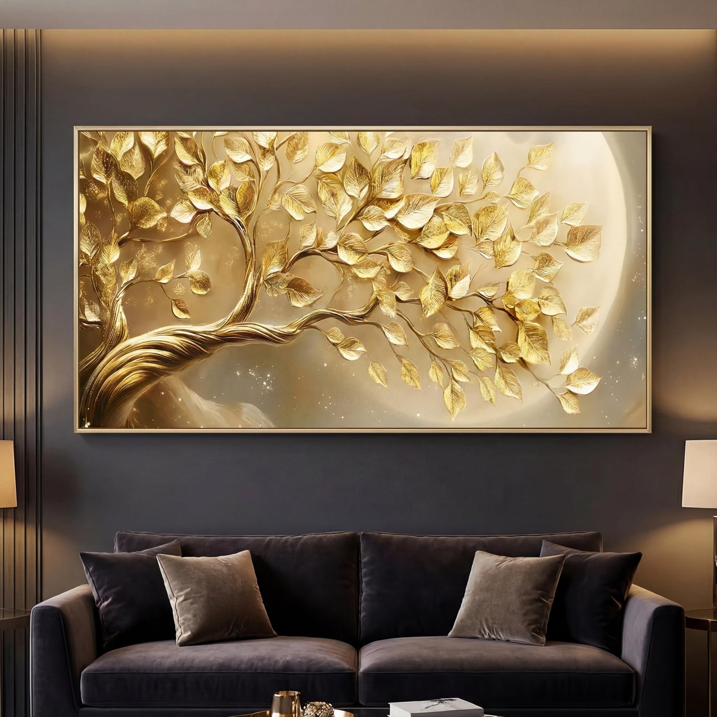 BirdSuite Gold Framed Golden Leaf Money Tree Wall Art, Luxury 3D Effect Canvas Print, Ready to Hang Wall Decor for Living Room Bedroom Office Dining Room Entryway, 58x29 Inch