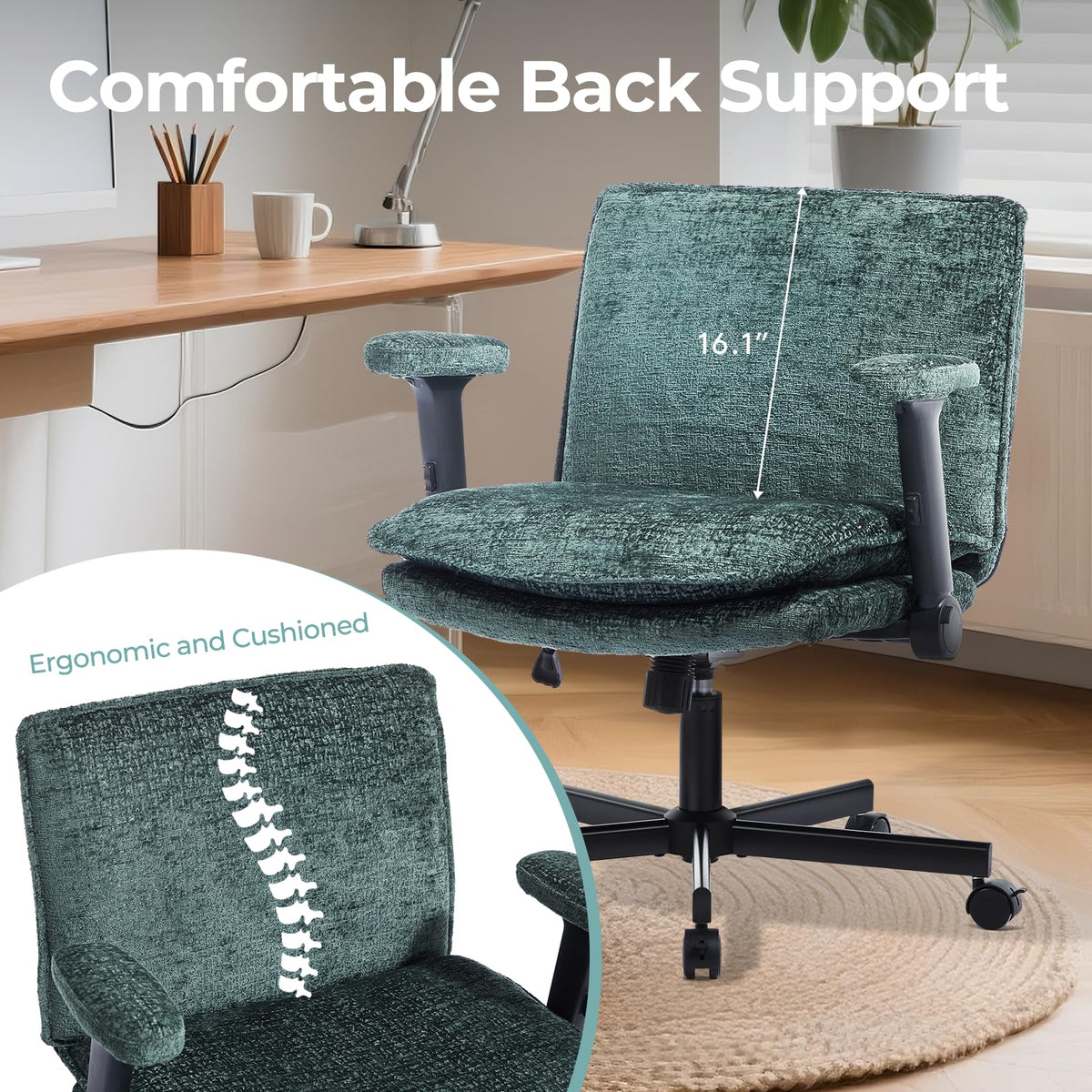 Morkprism Criss Cross Chair with Flip-Up Arms and Lockable Wheels, Plush Fabric Cross Legged Office Desk Chair,Wider 125°Tilting Adjustable Swivel Computer Chair for Home, Apartment, Bedroom,Green