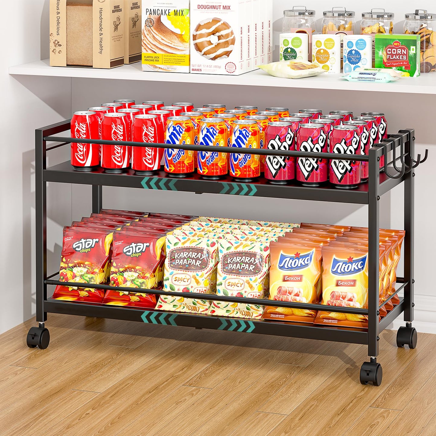 2-Tier Expandable Rolling Pantry Cart with Wheels, Adjustable Floor Organizer for Kitchen Pantry, Can Organizer for Pantry, Storage Cart for Snack, Food, Vegetables, Black, Patent Pending