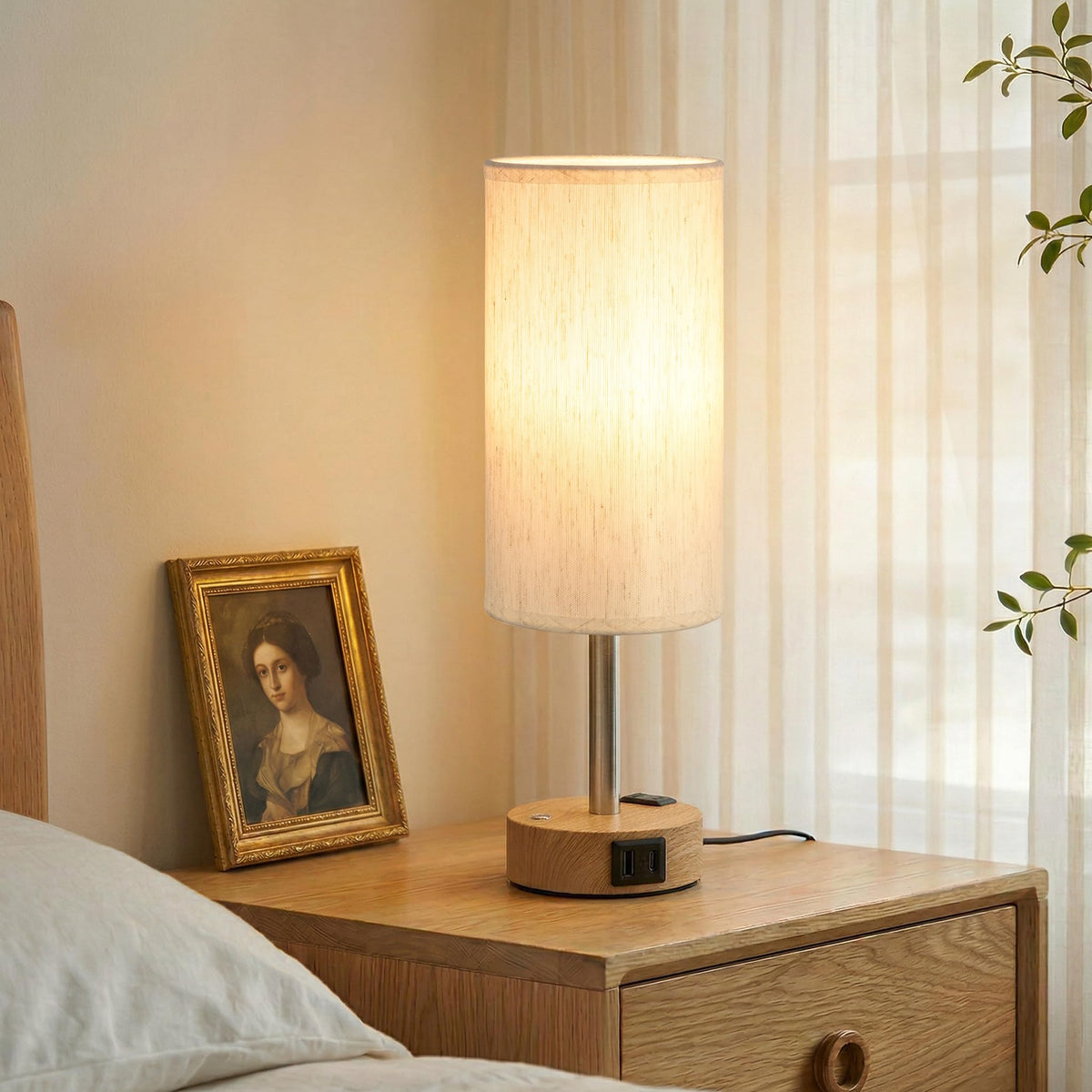 Touch Bedside Table Lamp with Memory - Stepless Dimmable Lamp for Bedroom, Small Nightstand Lamp with Dual USB Charging Ports and AC Outlet, Wood Night Light, Deak Lamp for Nursery, Living Room, Dorm
