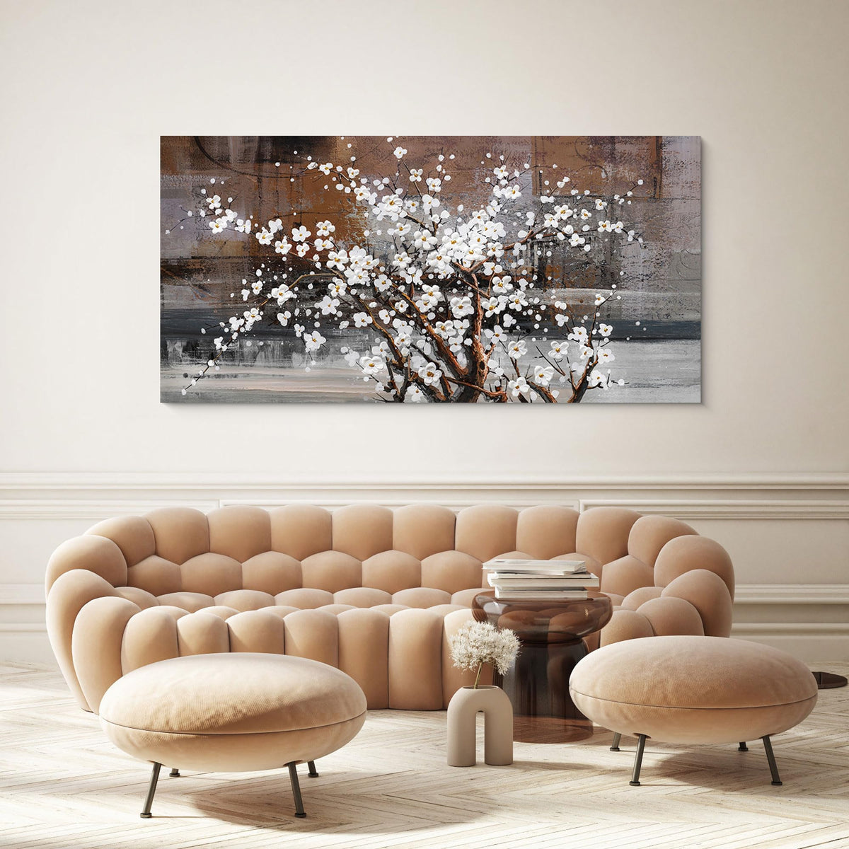 Wall Art for Living Room Large Modern Wall Decor Canvas Paintings for Wall Decorations White Flower Graffiti on Brown Background Bedroom Office Artwork Plum Blossom Art Prints Framed 24x48 inches