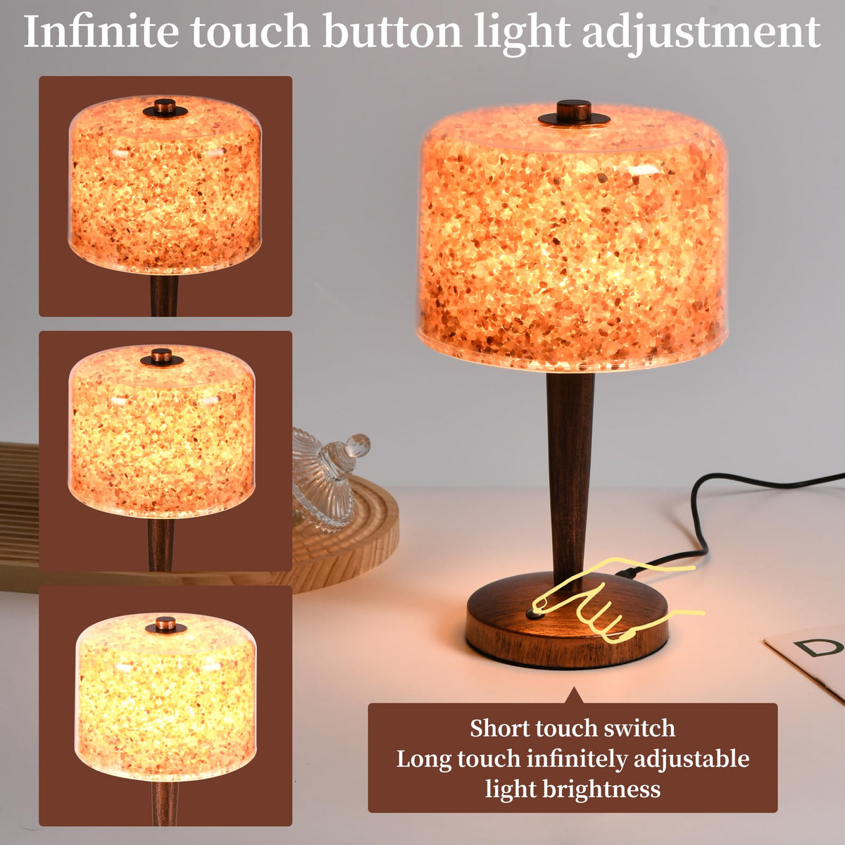 Himalayan Pink Rock Salt Lamp, Touch Control Dimmable Salt Night Light, USB Powered Crystal Salt Lamp, Boho Ambient Table Lamp for Bedroom Nightstand Living Room Home Decor, USB Adapter Excluded