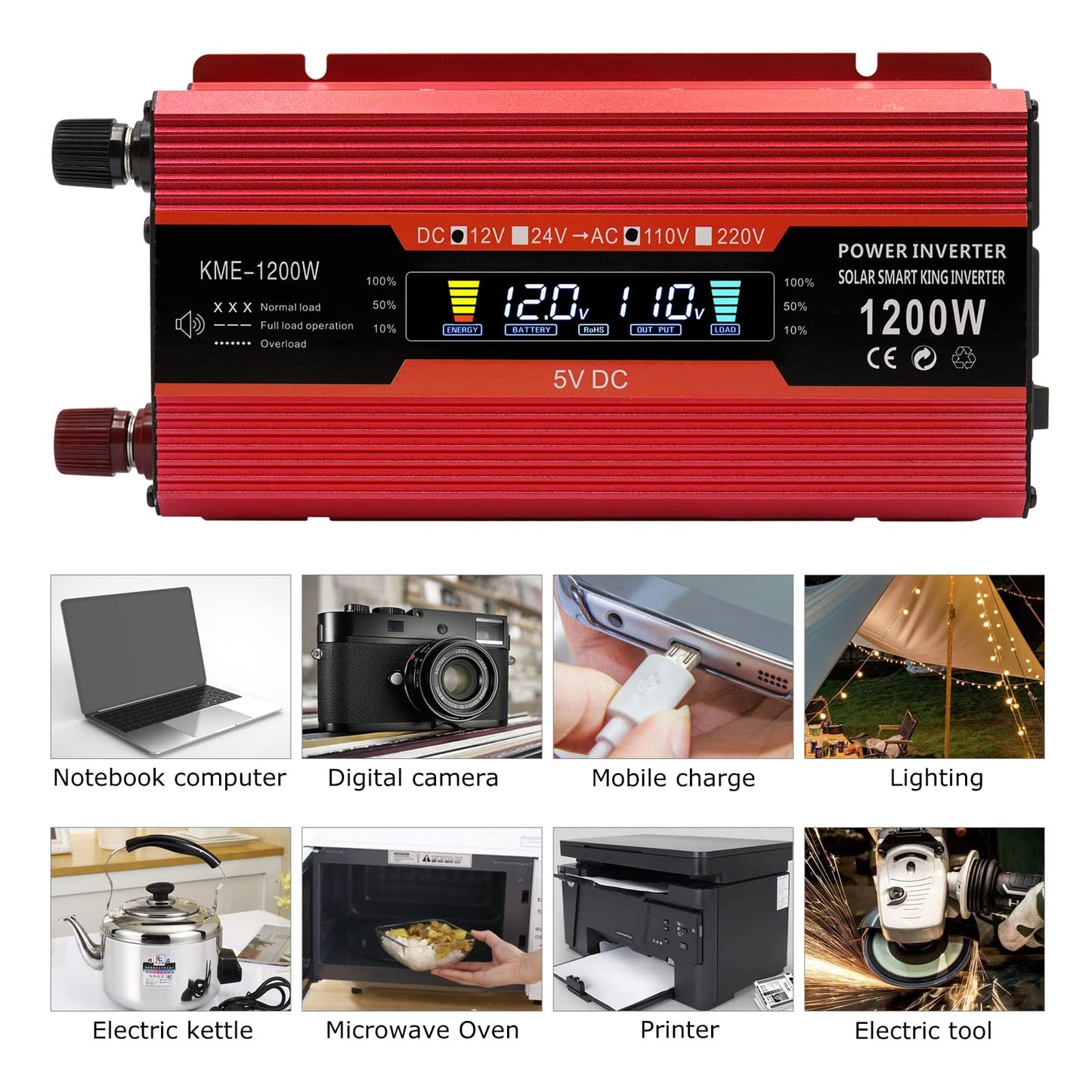 1200W Car Power Inverter DC 12V to 110V AC Converter 1200W Inverter Power Inverters with LCD Display and AC Outlets 2A USB Charging Port