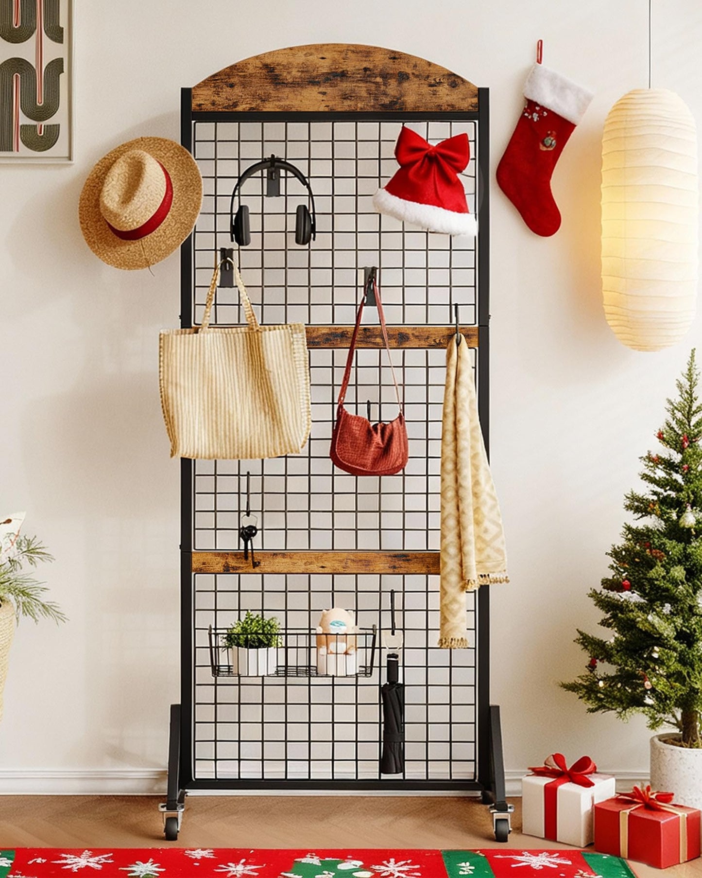 CHOEZON Grid Wall Panel 5.7’ x 2’ FT Grid Display Rack, Movable Gridwall Display Stand with Wheels,Floorstanding Wire Grid Rack with 4 S-Shaped Hooks and 4 Garment Hooks Rustic Brown and Black TCJ17BF
