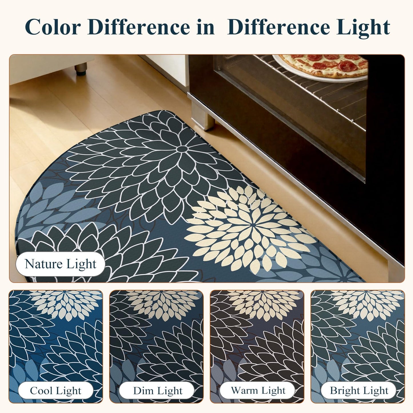 KIMODE Half Circle Kitchen Mats for Floor Cushioned Anti Fatigue,Semi Round Floral Boho Kitchen Rug Non Slip,Waterproof Kitchen Carpet Decor for Sink Laundry Bathroom,Blue Multi