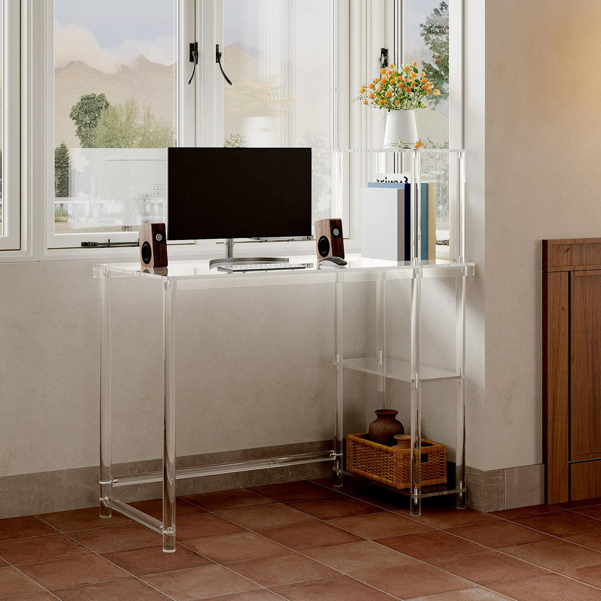 Eglaf Acrylic Desk with 4 Tier Storage Shelves - Modern Computer Desk, Reversible Side Shelf, Easy Assembly, 41.3" L x 19.7" W x 29.5" H, Clear