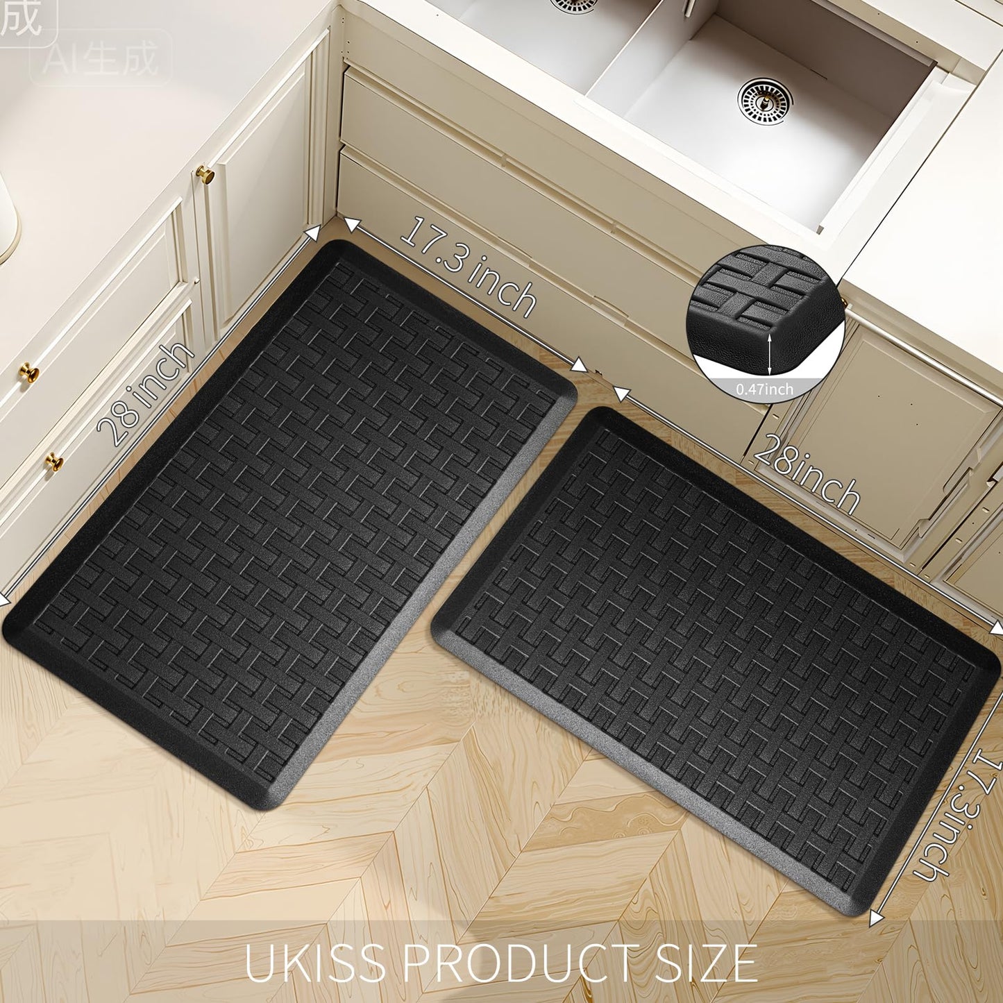 2PCS UKISS Kitchen Rugs, Cushioned Anti Fatigue Kitchen Mats for Floor, Waterproof Kitchen Rug，Non-Slip Comfort Standing Mat for Kitchen (Black, 17.3"x28"+17.3"x28")