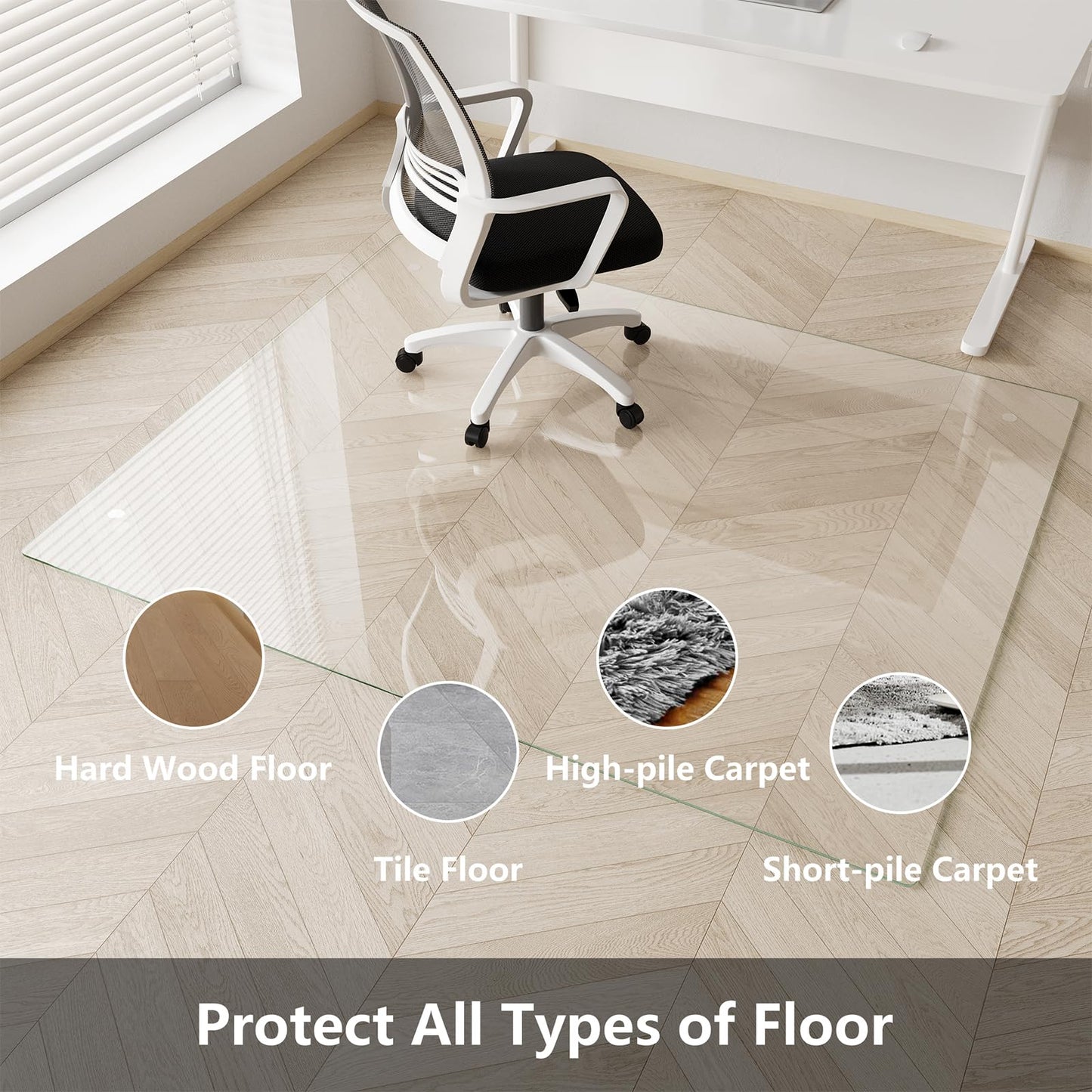 Koonmi Glass Chair Mat for Carpet, 36"x48" Tempered Glass Office Chair Mat, Glass Floor Mats with Rounded and Polished Edges, Desk Chair Mats with 4 Anti-Slip Pads for Hardwood Floor, Carpet