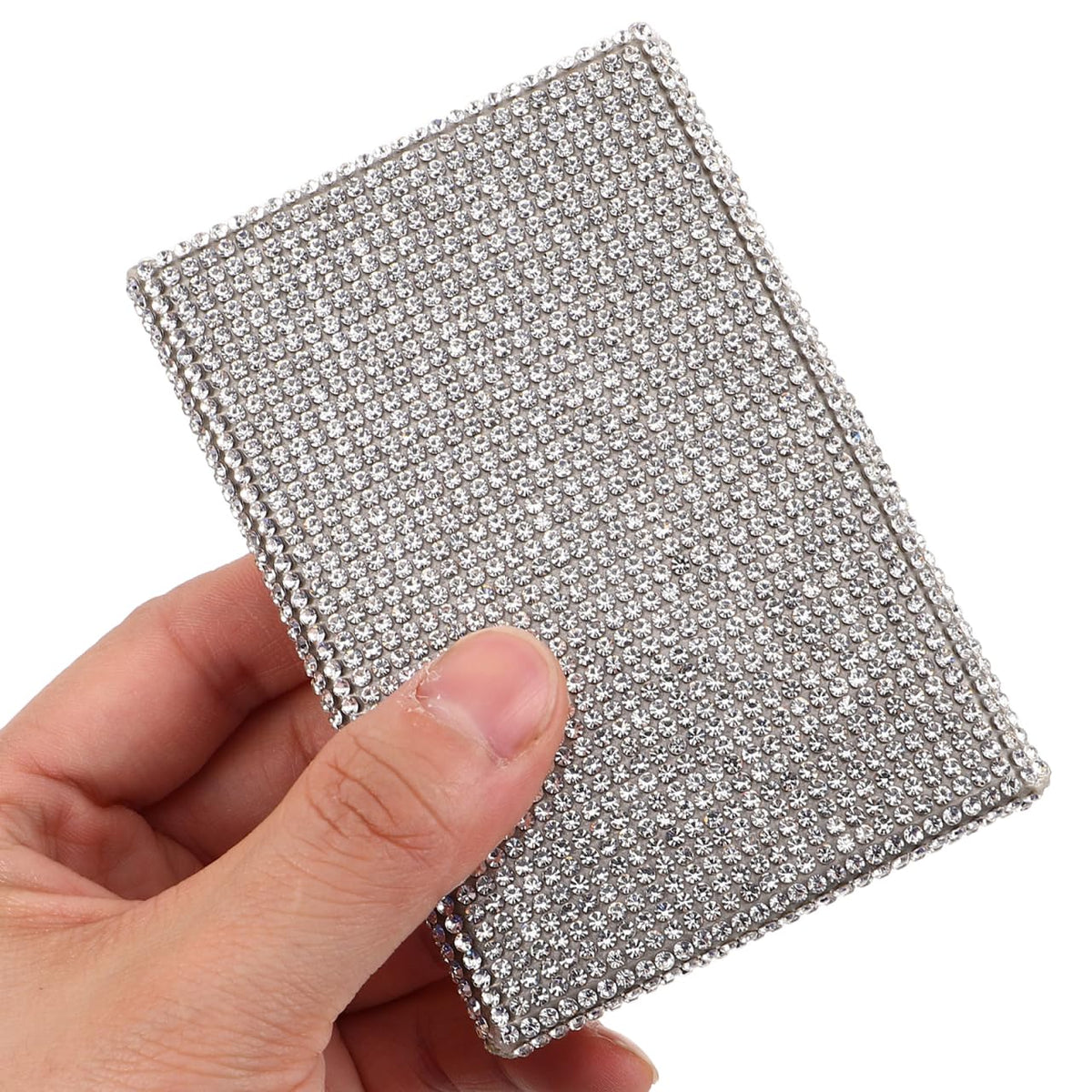 TEHAUX Rhinestone Business Card Holder for Women - Bling Metal Credit Card Case with Accordion Slots - Fancy Sparkly Diamond Organizer for Business Networking & Weddings - Silver Aluminum