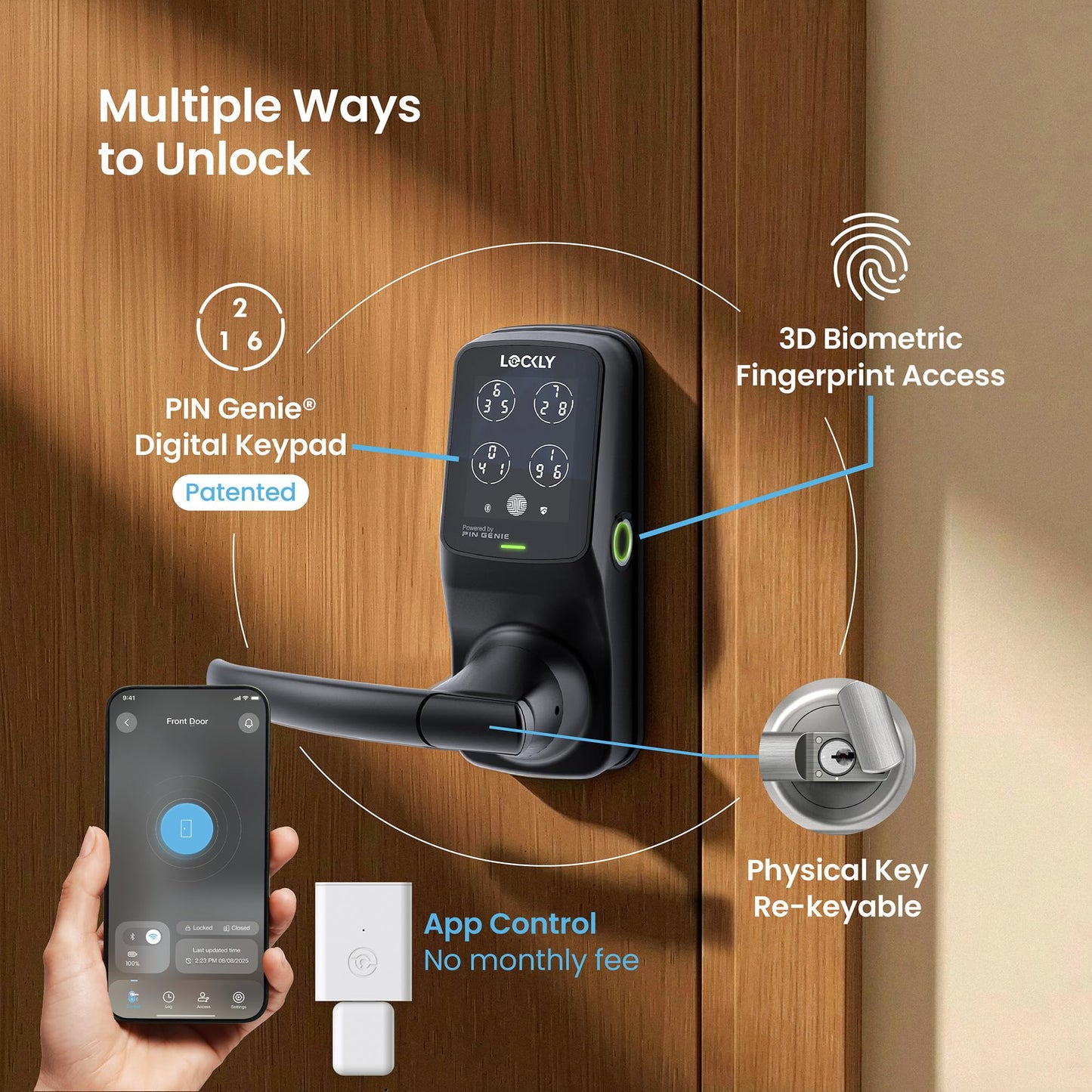 Lockly Secure Pro Smart Lock Wi-Fi, Keyless Entry Digital Keypad Door Lock, 3D Biometric Fingerprint Sensor Front Door Lock with Handle, Voice Control & Auto Lock - Latch Edition