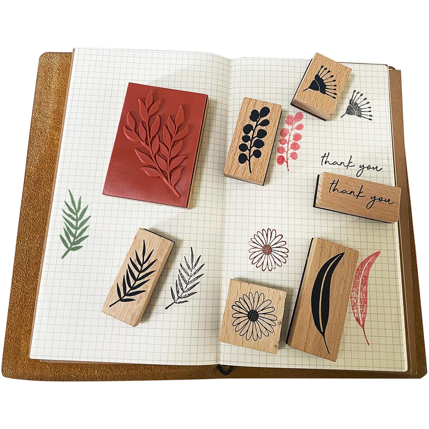 Wissppoott 15 Pcs Vintage Wood Rubber Stamp Set - Antique Butterfly, Leaves, Branch, Plant, Ladybug& Bird Stamps for DIY Scrapbooking, Craft Cards, Gift Wrapping & Journal Art
