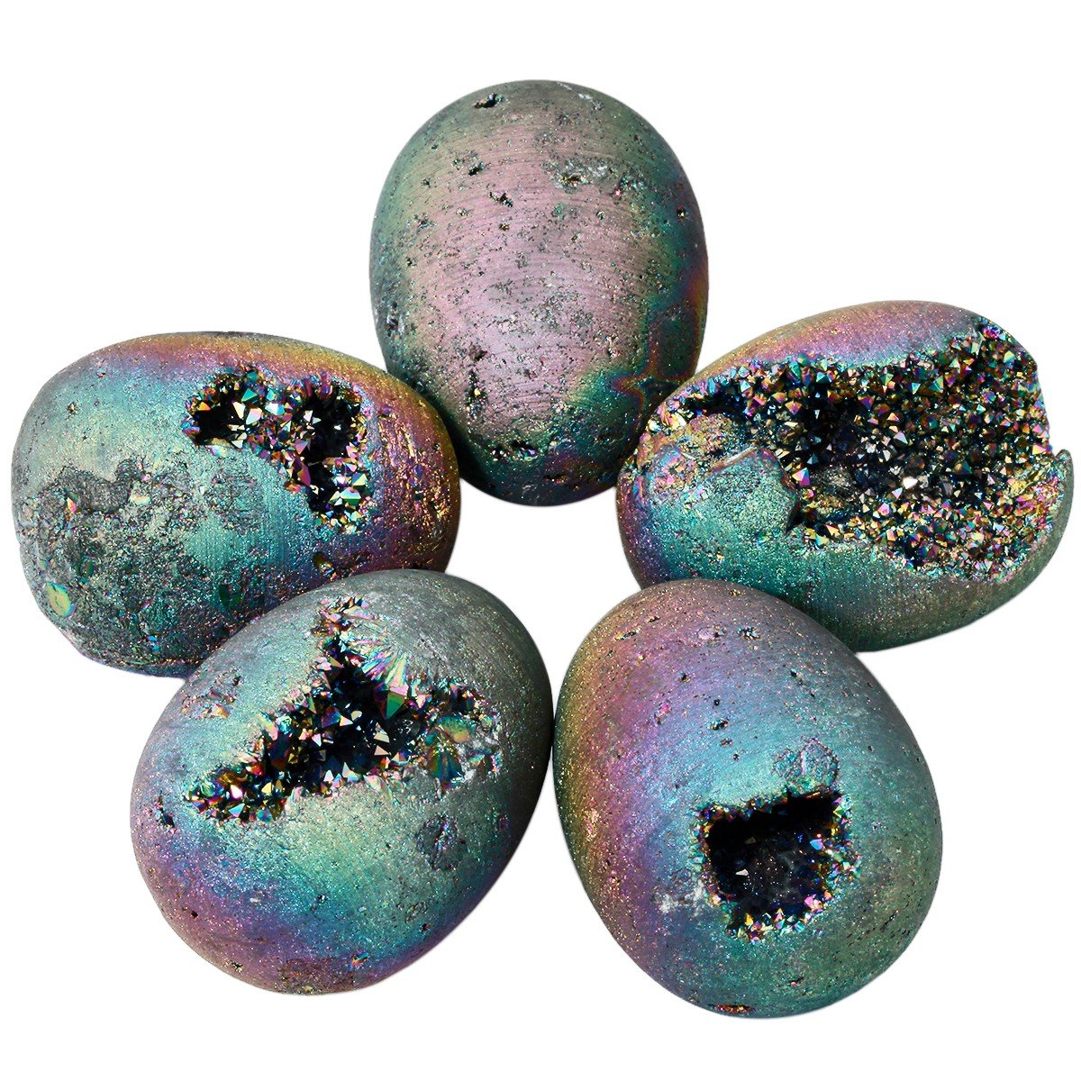 mookaitedecor Druzy Agate Geode Specimen, Rainbow Titanium Coated Quartz Crystal Egg Figurines with Wood Stand