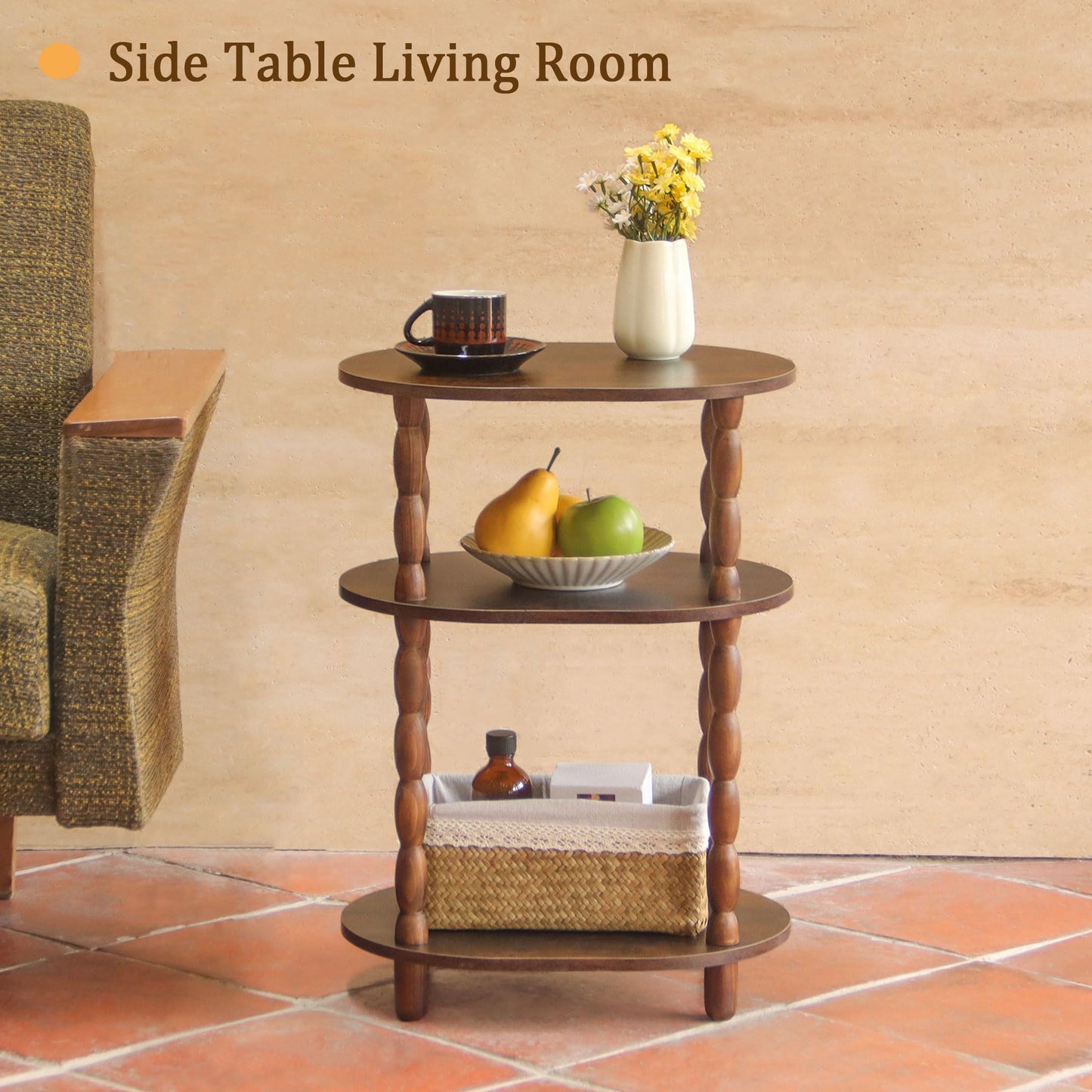 MaxSmeo Side Table with Charging Station, 3-Tier Small End Table with USB Ports and Outlets, Modern Oval Night Stand Accent Table for Living Room, Bedroom, Rustic Brown