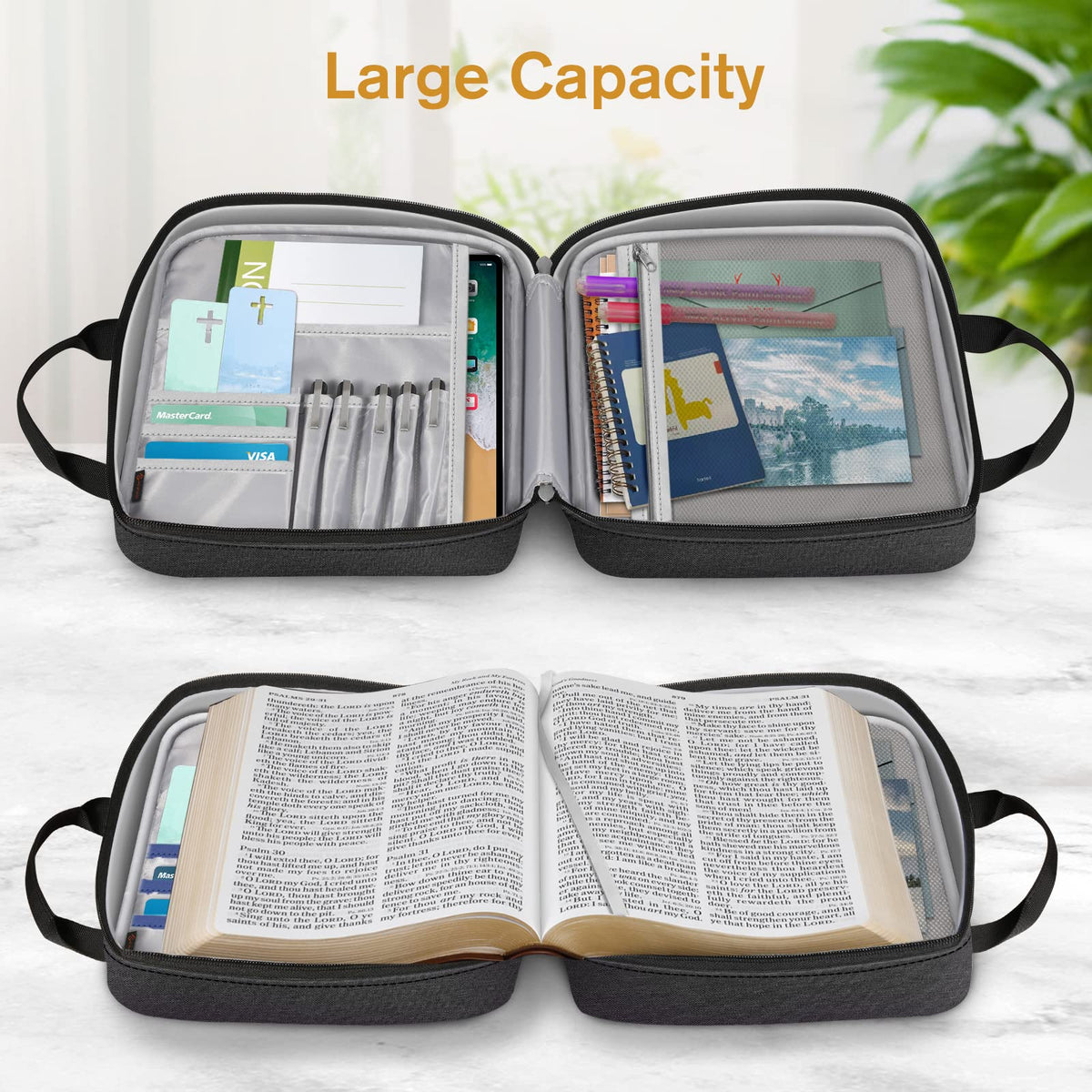 FINPAC Extra Large Bible Cover, Carrying Book Case Church Bag Bible Protective with Detachable Shoulder Strap & Zippered Pocket, Gift for Men Women, Black & Brown