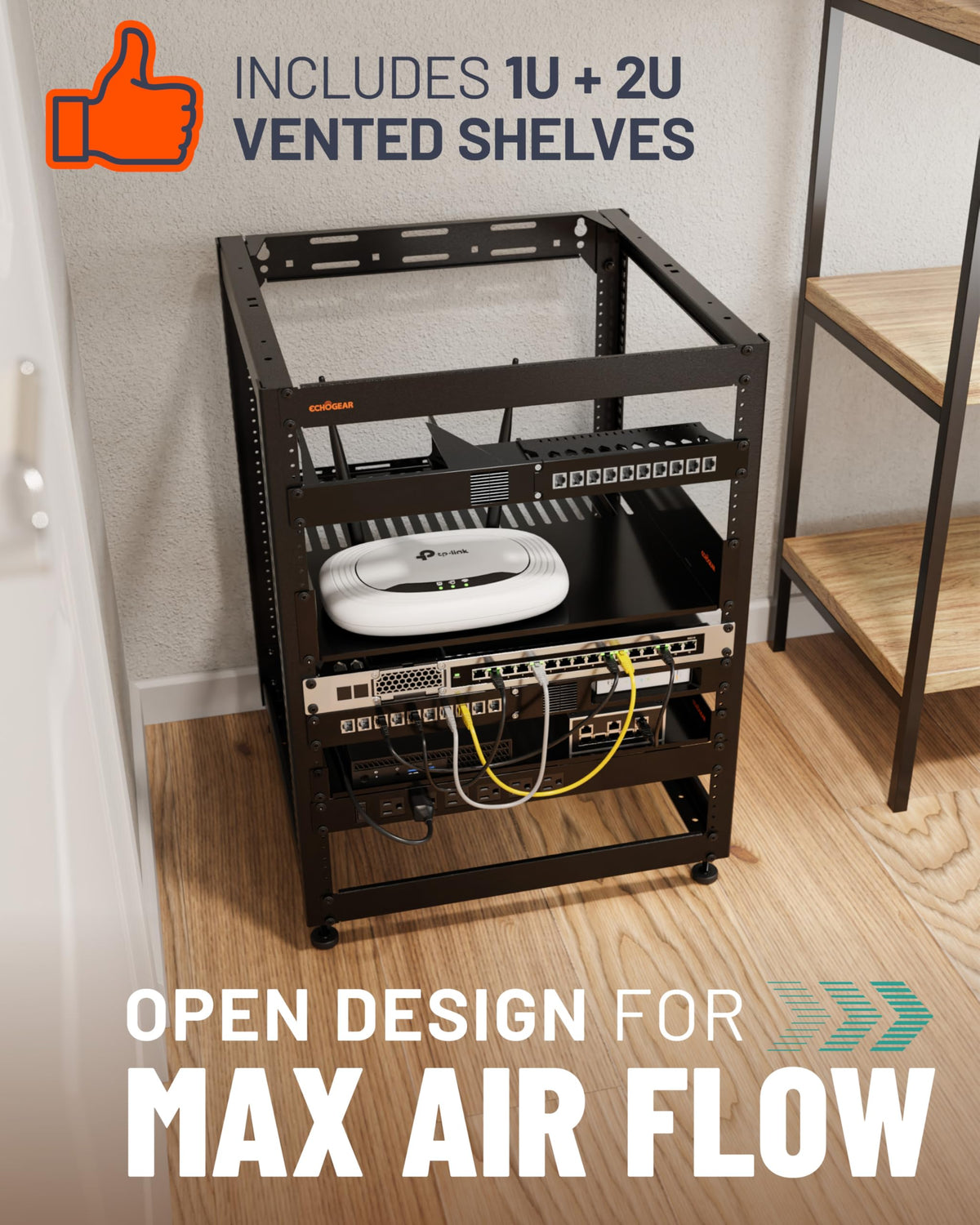 ECHOGEAR 15U Open Frame Rack for Servers & AV Gear - Wall Mountable Design Includes 2X Vented Shelves, 25x Rack Mounting Screws, 4X Leveling Feet, 4X Shelf Stops, & 2X Securement Straps