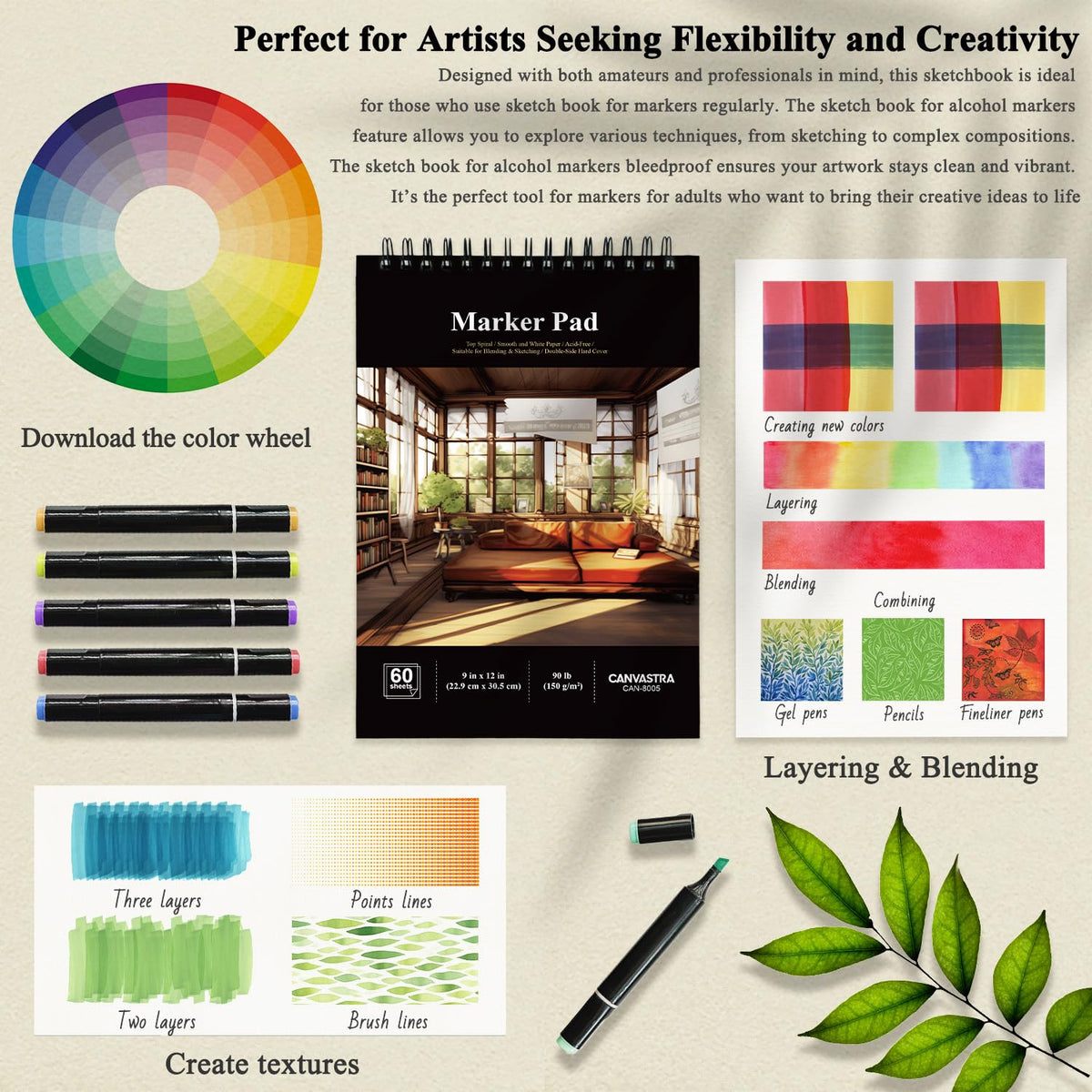 Marker Paper Sketchbook 9x12, 60 Sheets Marker Pad for Alcohol Markers, 90lb/150gsm Paper for Markers with No Bleeding, Sketch Book for Alcohol Markers bleedproof for Adults, Artists, Beginners, Kids.