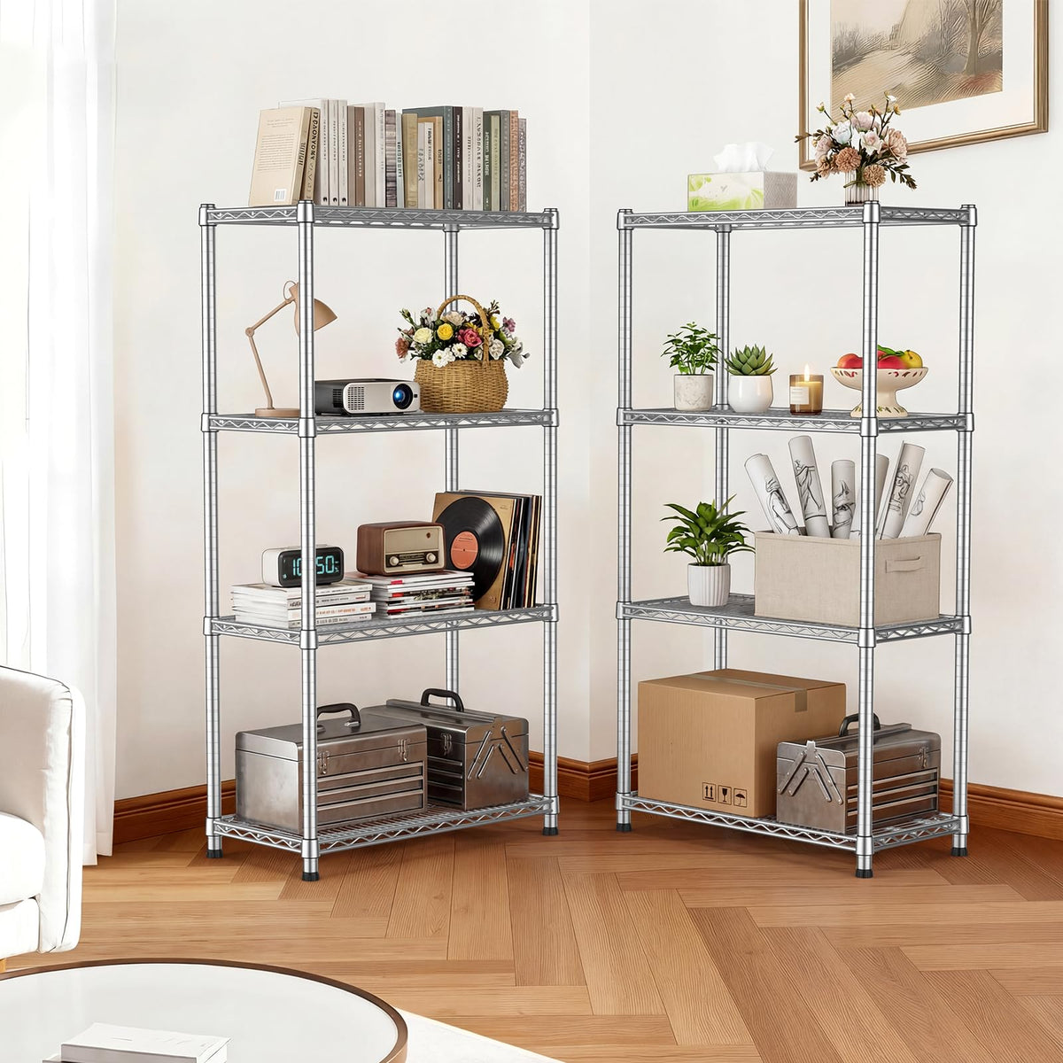 4-shelf Metal Wire Shelving Unit Heavy Duty Storage Shelves Adjustable Steel Shelf Wire Rack 2200LBS Metal Flower Stand Laundry Shelf organization for Garage Pantry Warehouse 13.8"Dx30"Wx59.06"H