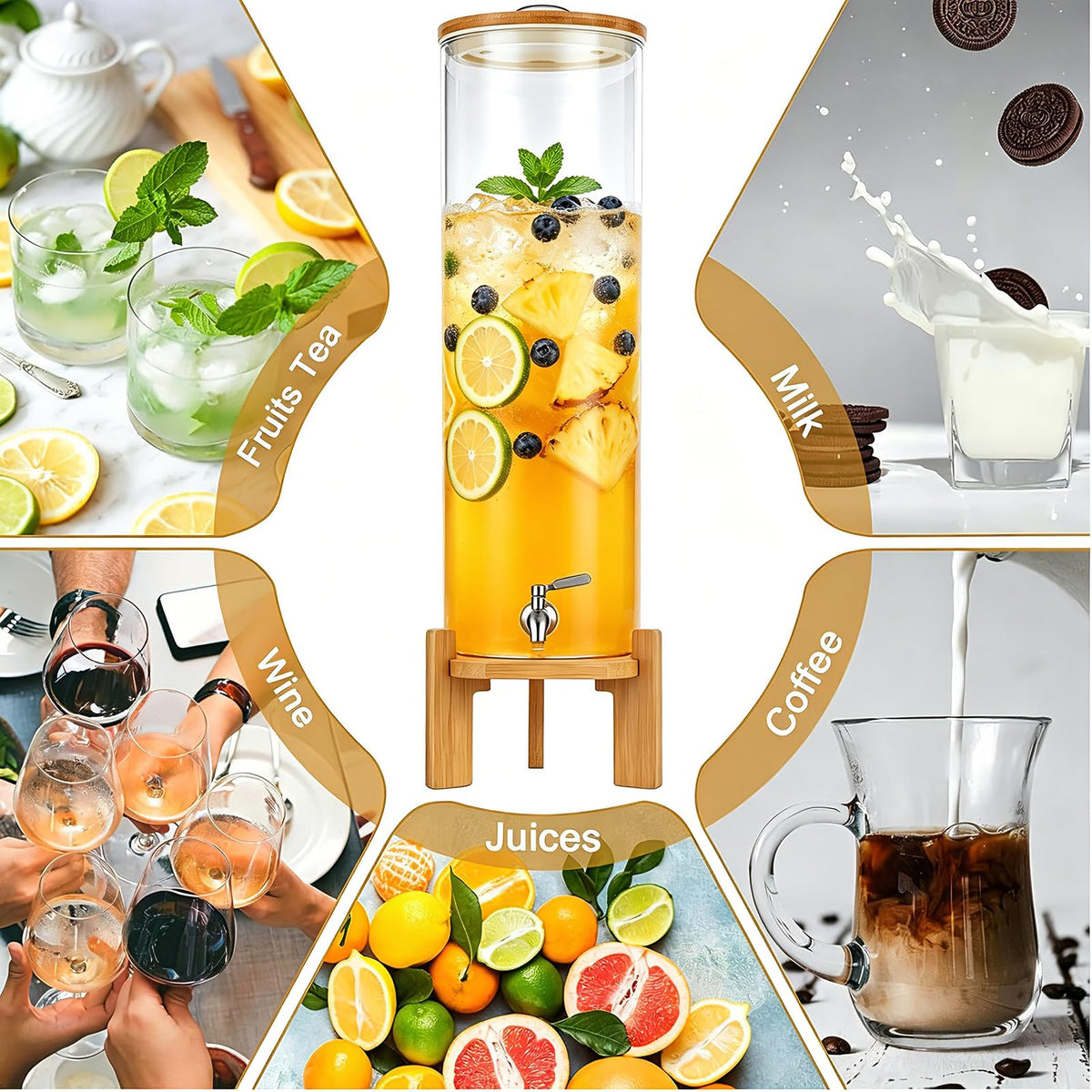 TOCLIU Beverage Dispenser, 4Gallon Glass Drink Dispenser with Stand, Stainless Steel Spigot, Ideal for Parties, Bars, Restaurants (15L/4 Gallon)