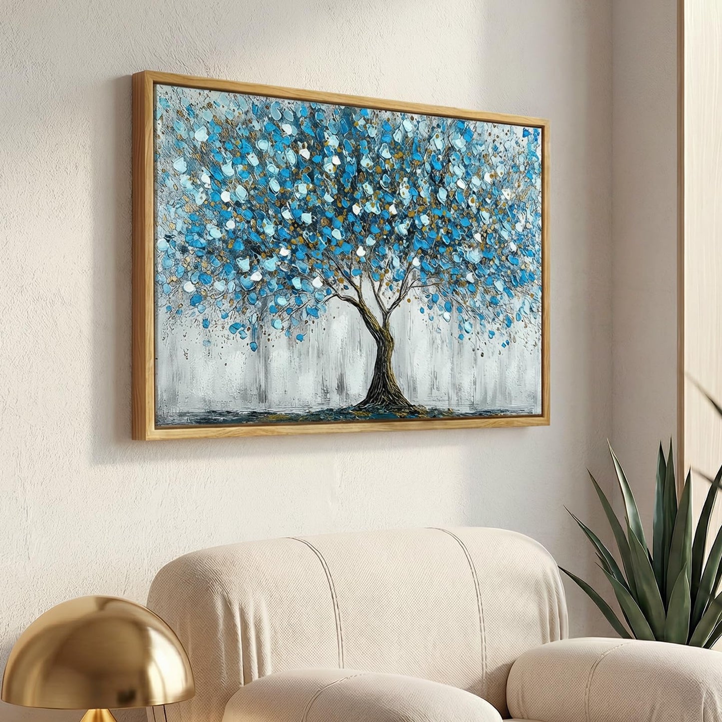 ARPEOTCY 3D Textured Large Framed Canvas Wall Art Prints, Abstract Modern Hand-Painted Blue Tree of Life Oil Painting, Neutral Artwork Home Wall Decor for Living Room Bedroom Office, 16x24inch