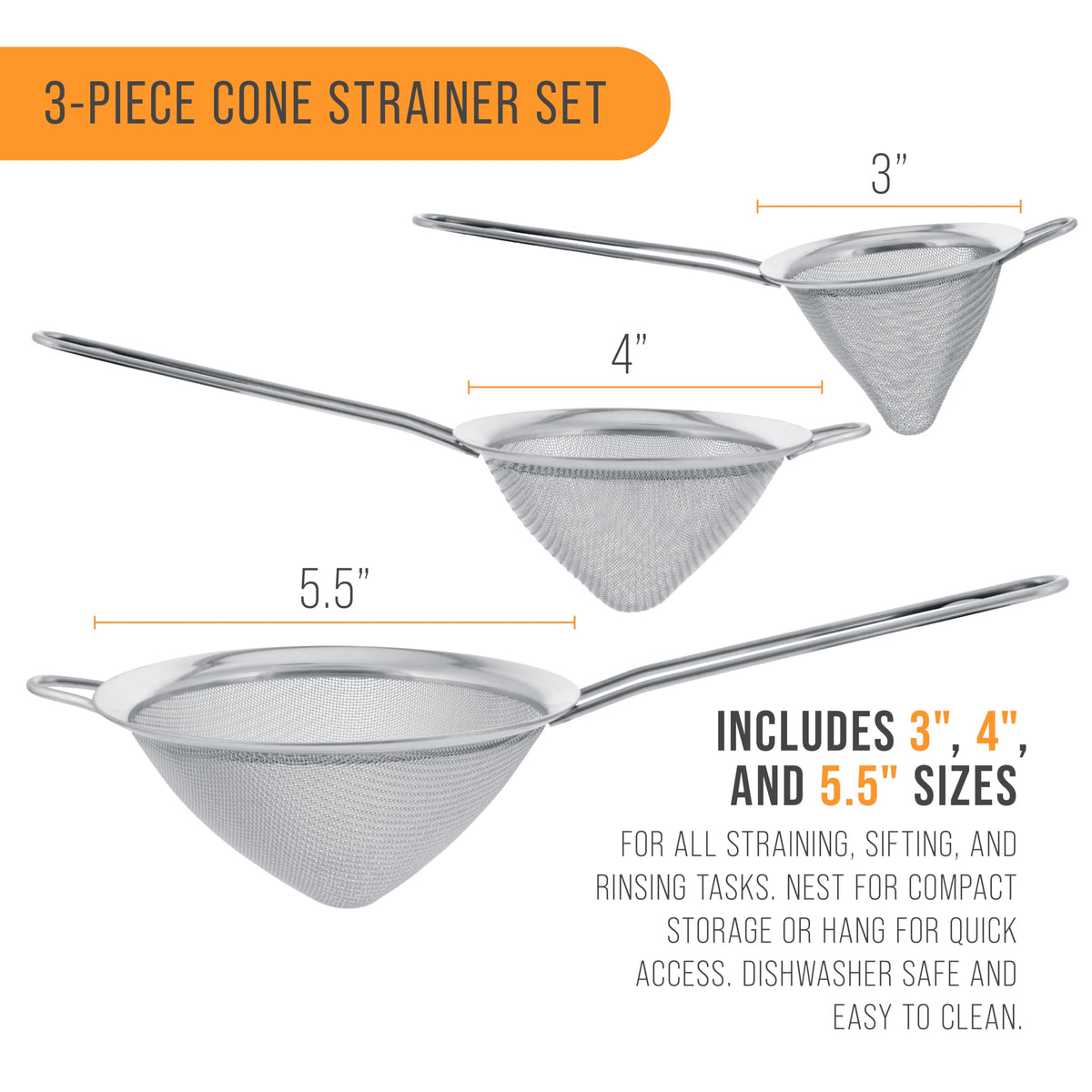 U.S. Kitchen Supply Set of 3 Stainless Steel Conical Strainers - 3", 4" & 5.5" Sizes - Chinois Style, Extra Fine Twill Mesh Sieve, Stainless Steel Strainers and Colanders for Kitchen