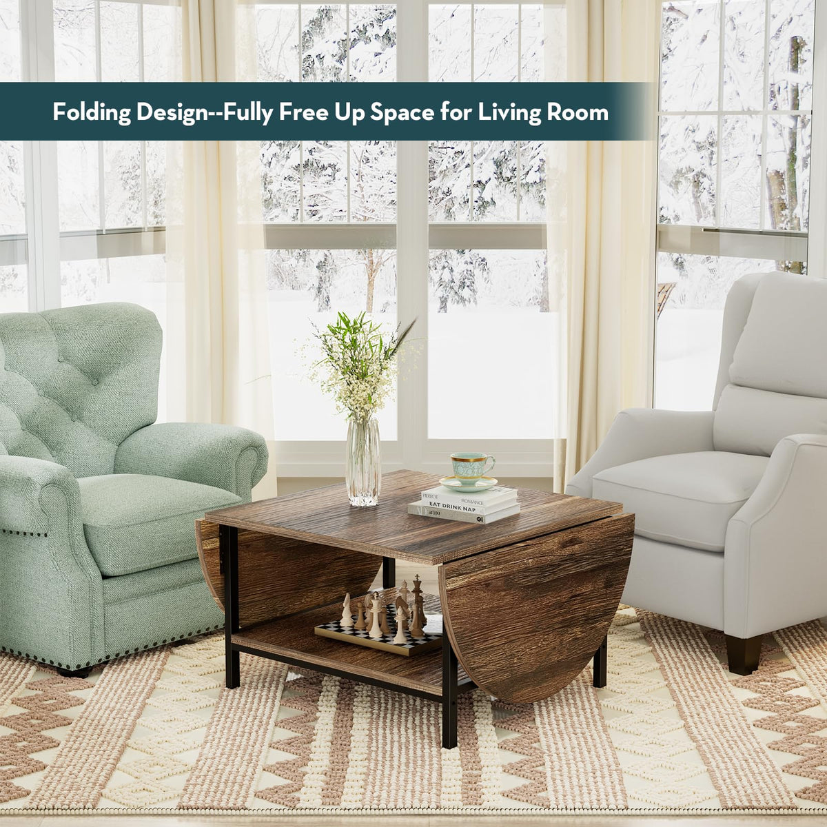 SAYGOER Folding Coffee Table for Living Room, Small Coffee Tables with 2-Tier Storage, Mid Century Modern Center Table for Small Space, Oval Farmhouse Table Square, Dark Brown