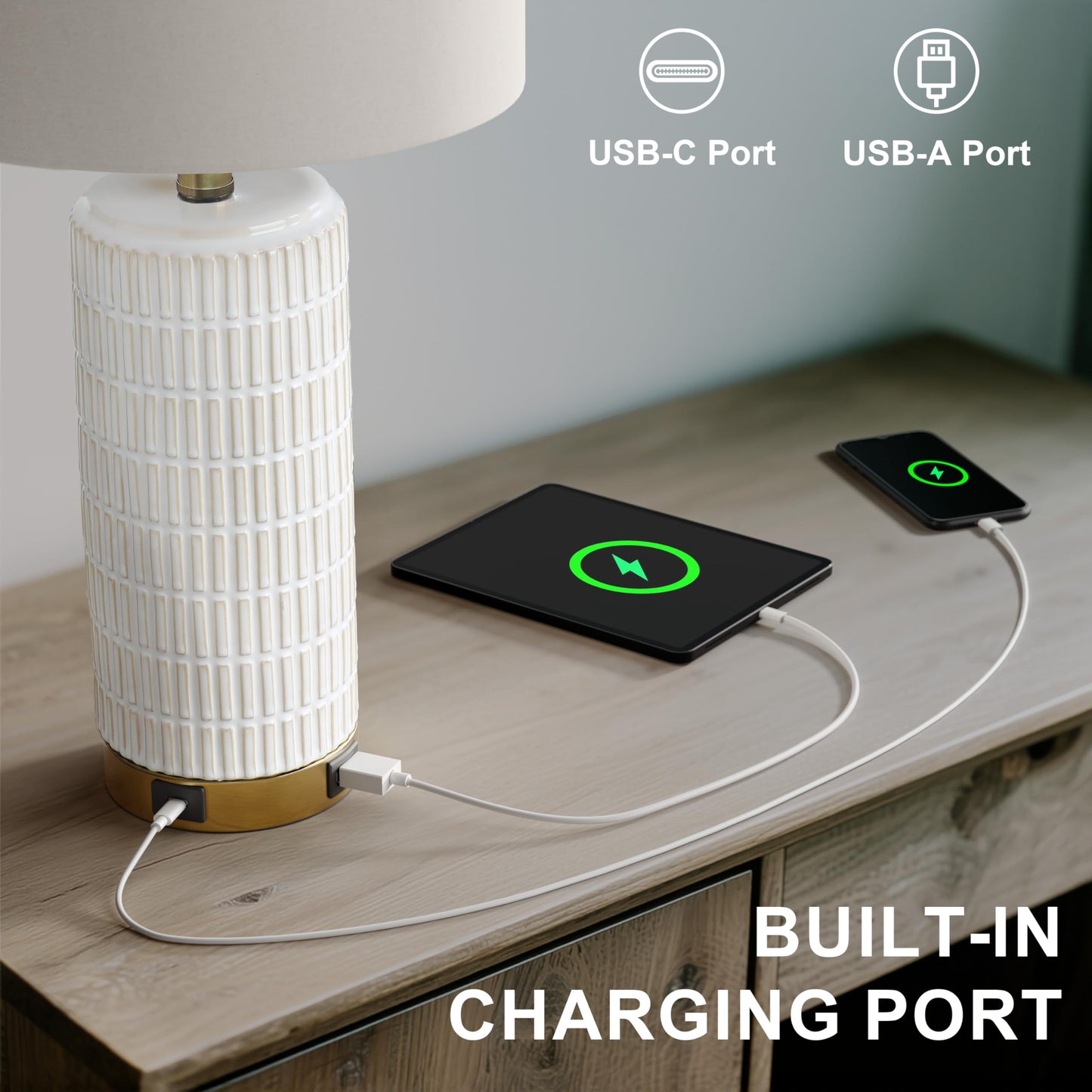 PoKat Touch Bedside Table Lamps with USB Ports for Bedroom Living Room, 25'' Dimmable Nightstand Touch Lamps for Living Room, Modern Ceramic Lamps for Night Stands Bedroom, Office, White and Beige