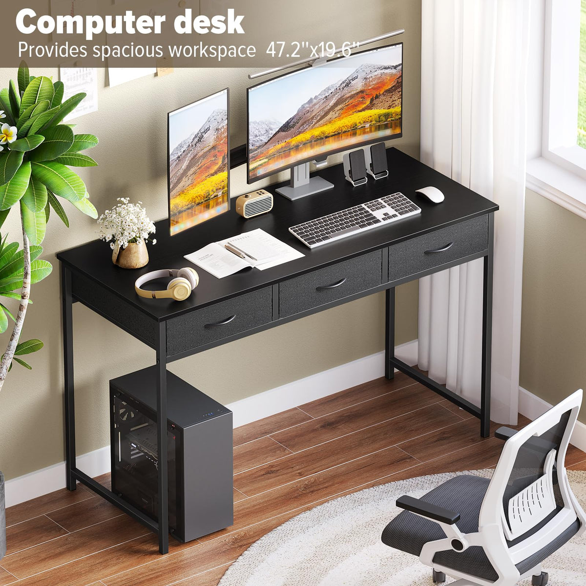 WOHOMO Computer Desk with 3 Drawers, 47.2 Inch Small Vanity Desk with Storage, Home Office Bedroom Desk for Small Spaces, Modern Work Writing Study Gaming Tables, Black