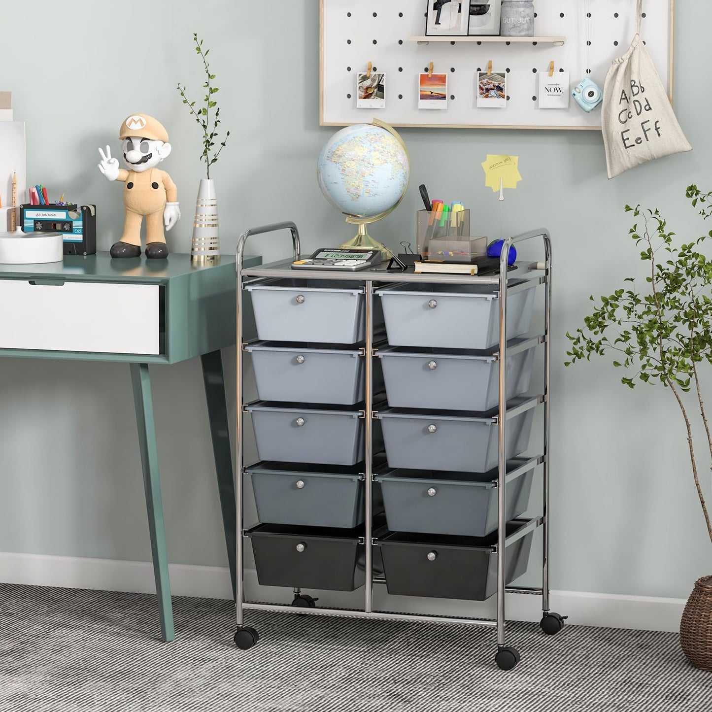 CLEEMAN 10-Drawer Rolling Cart with Drawers, Storage Cart with Universal Wheel & Metal Frame, Multipurpose Mobile Trolley Utility Cart for Makeup Kitchen Office Play Room (Gradient Black)