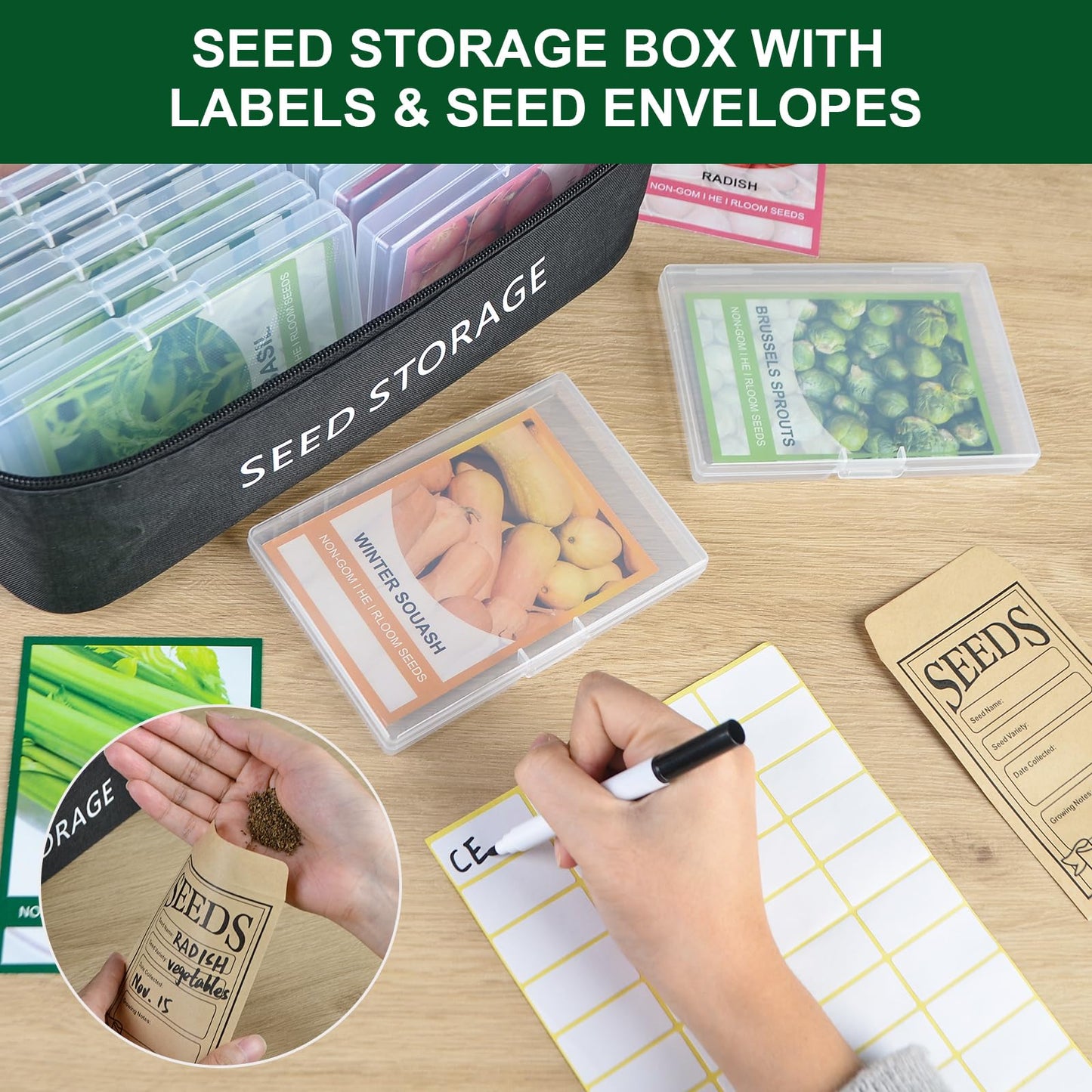 26 Slots Seed Storage Organizer Box with 10 Seed Envelopes, Oxford Cloth Seeds Storage Container with Insulated Bag, Garden Seed Packet Organizer with Label Stickers for Vegetable Flower Plants
