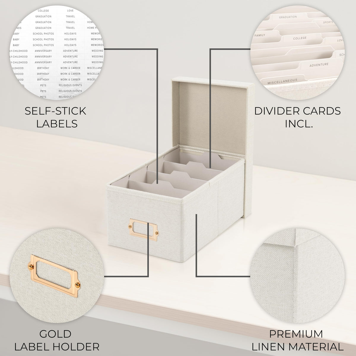 ZICOTO Decorative Photo Storage Box - Sturdy Linen Photo Organizer with Dividers is Perfect to Store Up to 850 Pictures and 4x6 Photos - Portable Scrapbook Storage Containers with Lid