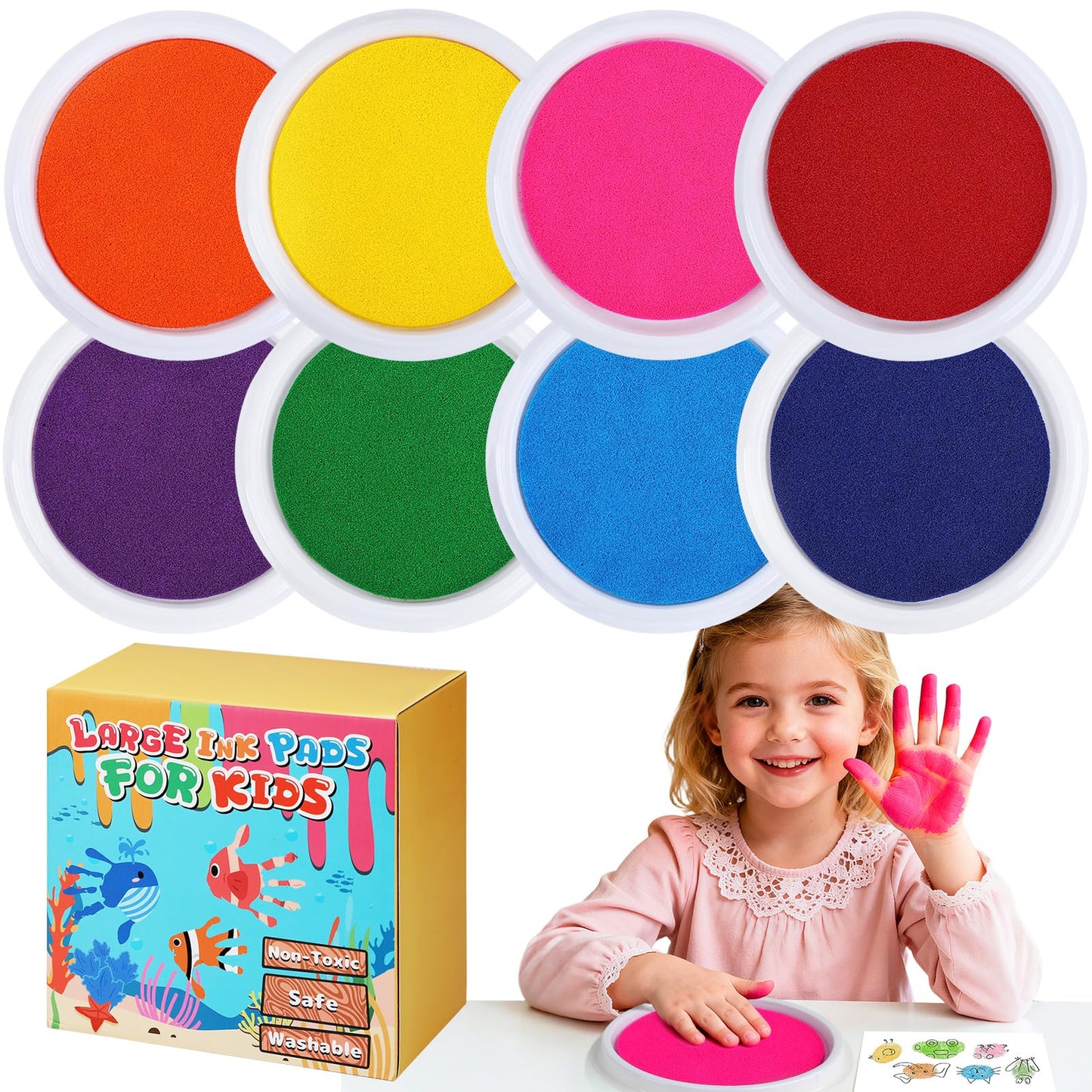 Large Washable Ink Pads for Kids - 7" Ink Pad for Handprint Footprint Toddler Finger Paint, 8 Vibrant Colors Stamp Pad Set for Card Making/Preschool Crafts/Birthday Gifts