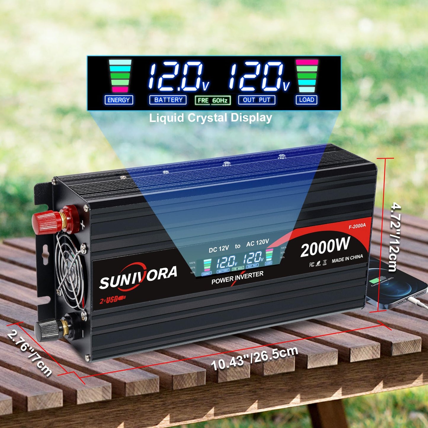 2000 Watt Power Inverter 12V DC to 110V/120V AC Converter 4000W Peak with LCD Display, 3 AC Outlets & 2 USB Ports Power Inverters for Vehicles Car Truck Boat RV Camping Solar System EPS