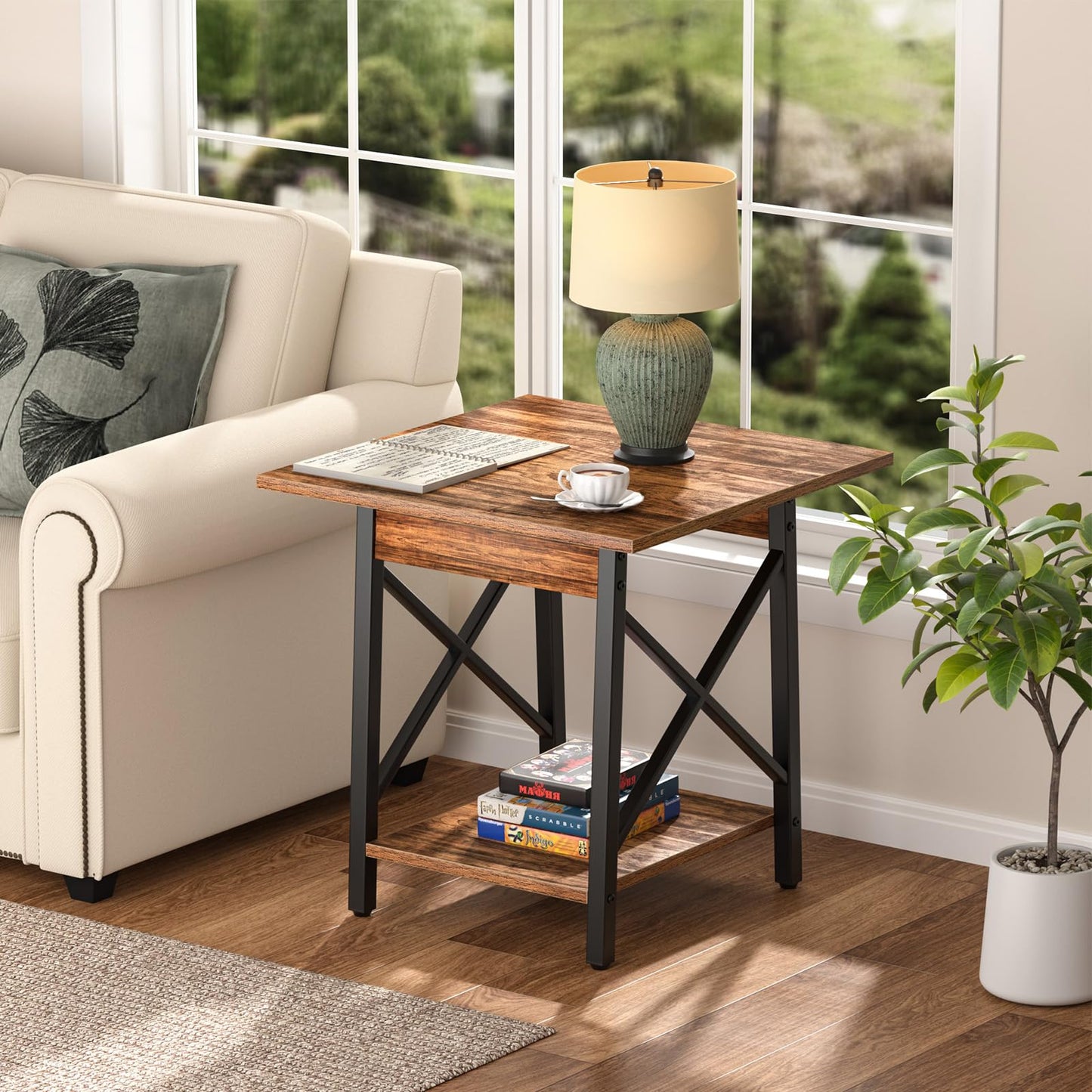 GreenForest End Table 24 inch for Living Room, Large Square Side Tables with X-Frame, Tall Industrial Bedside Nightstand with 2-Tier Storage, Rustic Walnut