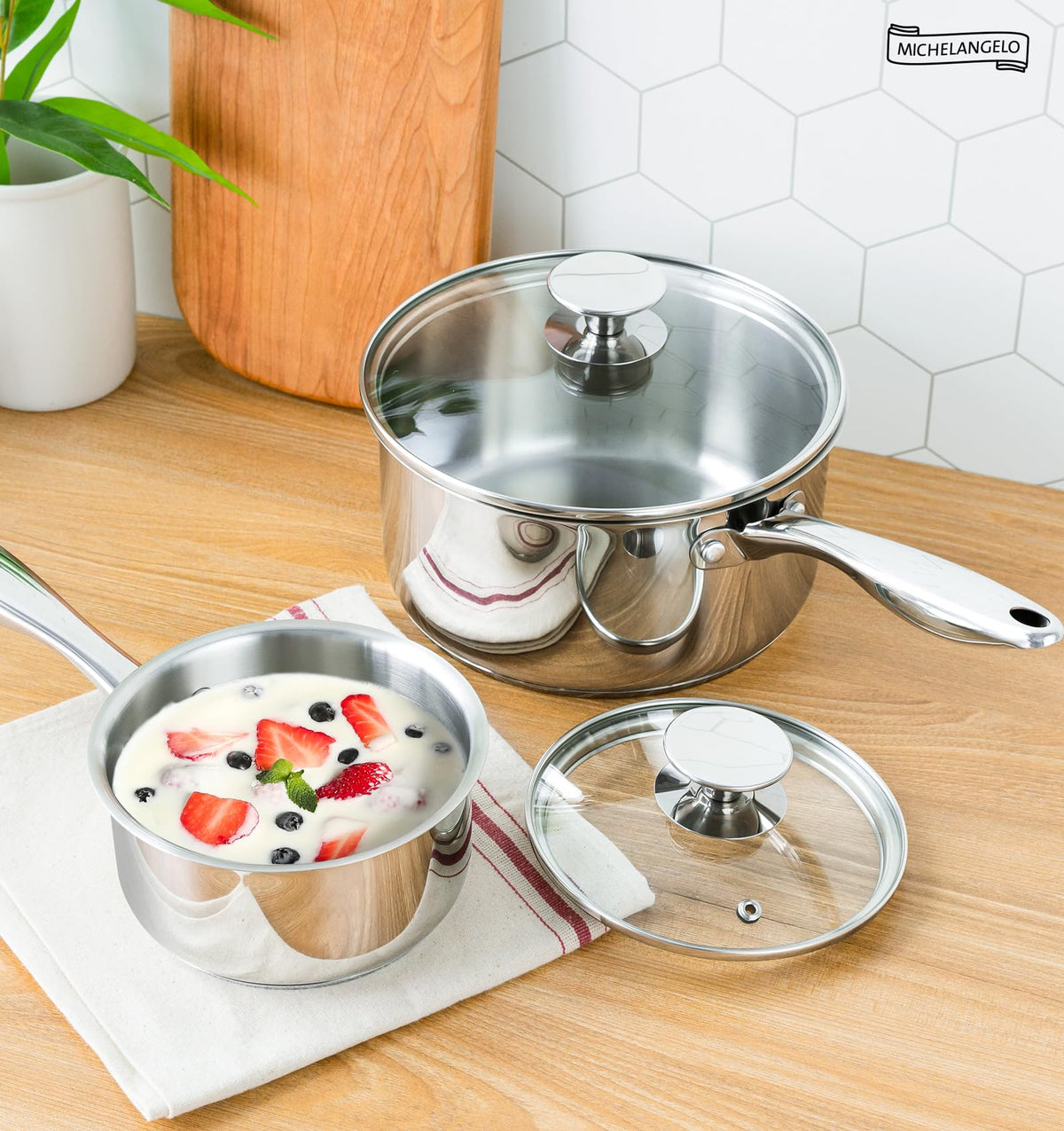 MICHELANGELO 1Qt & 2Qt Tri-ply Stainless Steel Saucepan Set, Small Cooking Pots with Tempered Glass Lids, Induction Ready, Oven & Dishwasher Safe, Multipurpose Sauce Pans for Home Kitchen & Restaurant