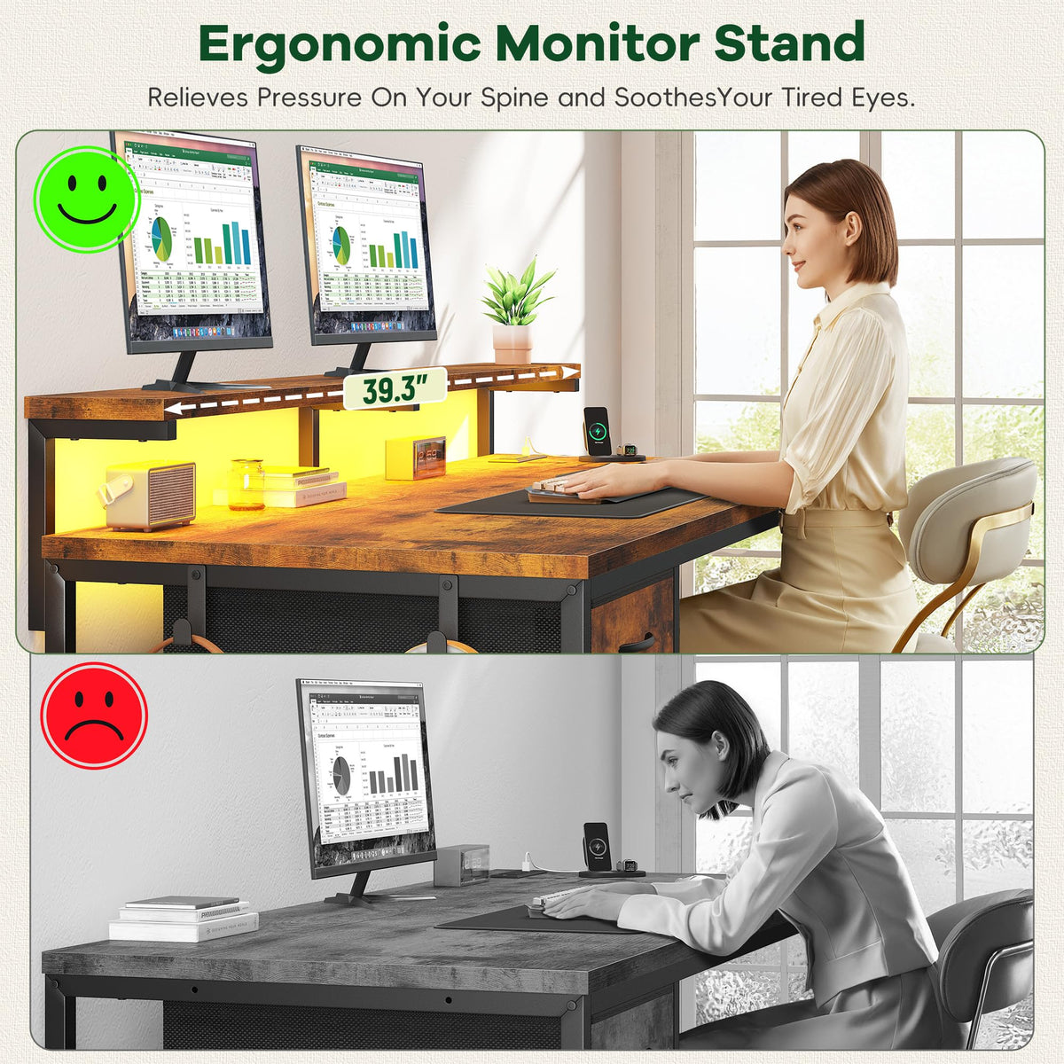 DurayLoly 39.3Inch Office Desk with Power Outlet & Drawer, Gaming Desk with CPU Stand& LED Lights,Computer Desk with Ergonomic Monitor Stand for Small Space,Rustic Brown
