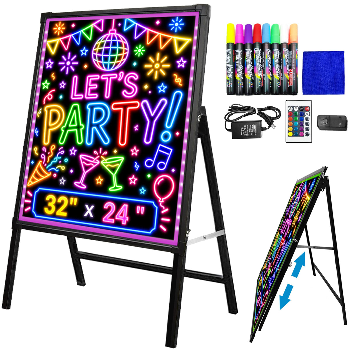 Standing A-Frame LED Message Writing Board 32" x 24", Neon Menu Sign with Adjustable Height, Outdoor Menu Display Board with 8 Colors Markers and Remote Control, DIY Message Light Board