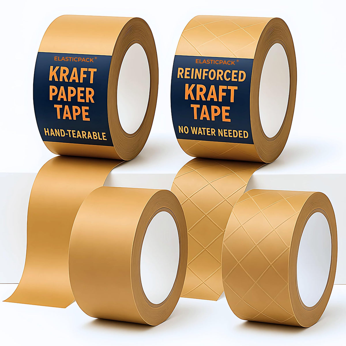 Elasticpack Packing Tape for Boxes 4-Pack – Kraft Brown Paper Box Tape, 2 Regular + 2 Reinforced Rolls for Everyday & Heavy-Duty Box Shipping, Self-Adhesive, No Water Needed, 1.88 in x 55 yd