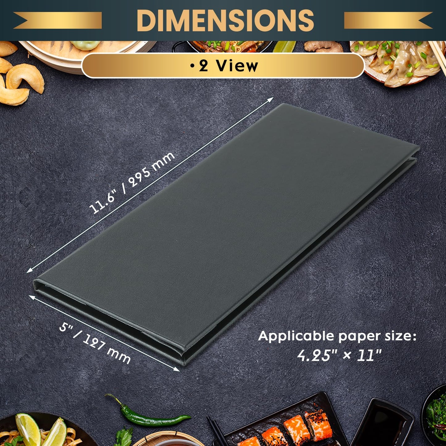 AMGSH 12 Pack 2 View Menu Holder Menu Covers 4.25" x 11" | Black Leather Menu Sleeves Book Style for Restaurant Coffee Bars Wine List
