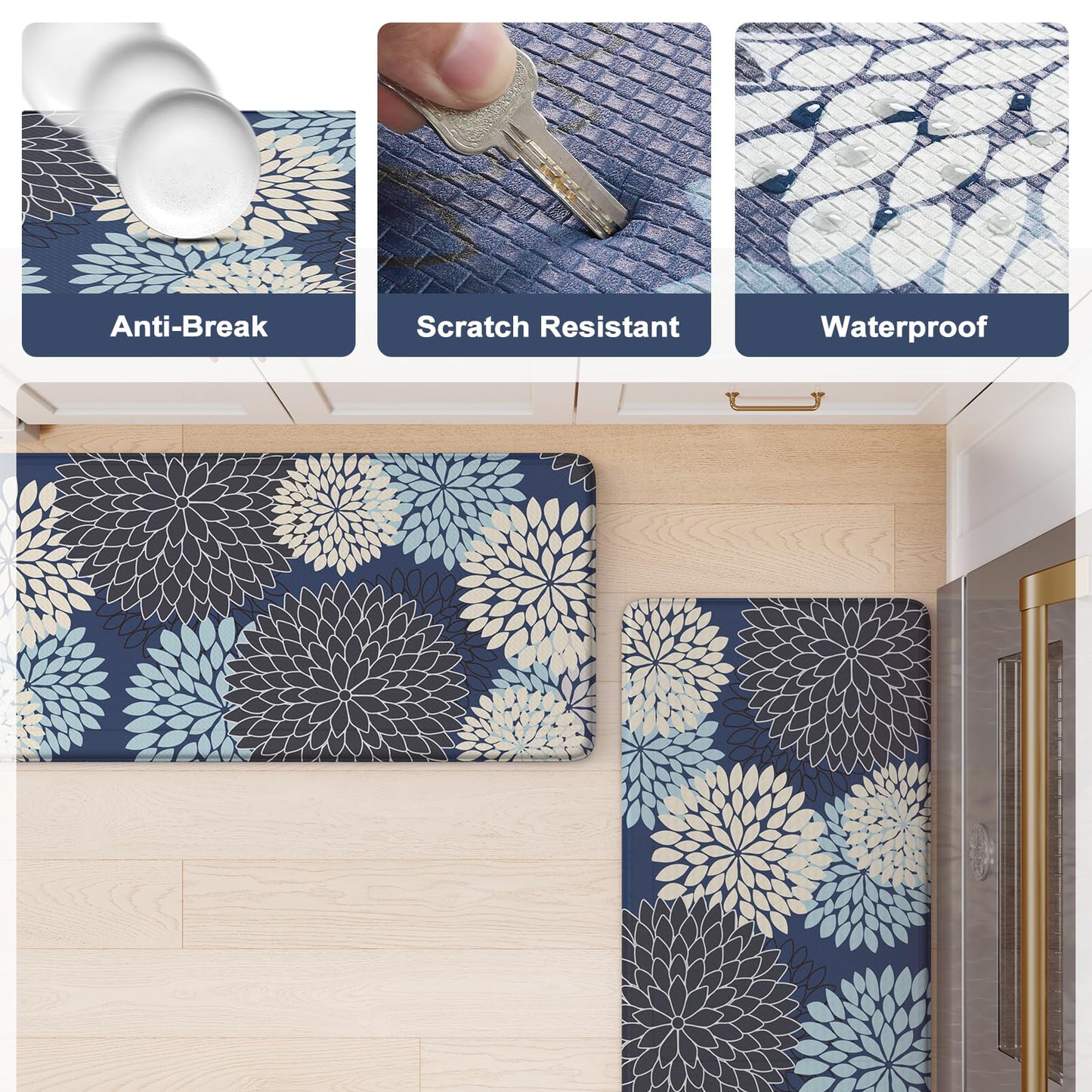 Anti Fatigue Kitchen Mats 2PCS,Boho Dahlia Kitchen Rugs Non Slip Rubber Backing,Farmhouse Waterproof Kitchen Mat for Floor,Cushioned Standing Mat for Kitchen,Sink,Desk,Mutil-Blue