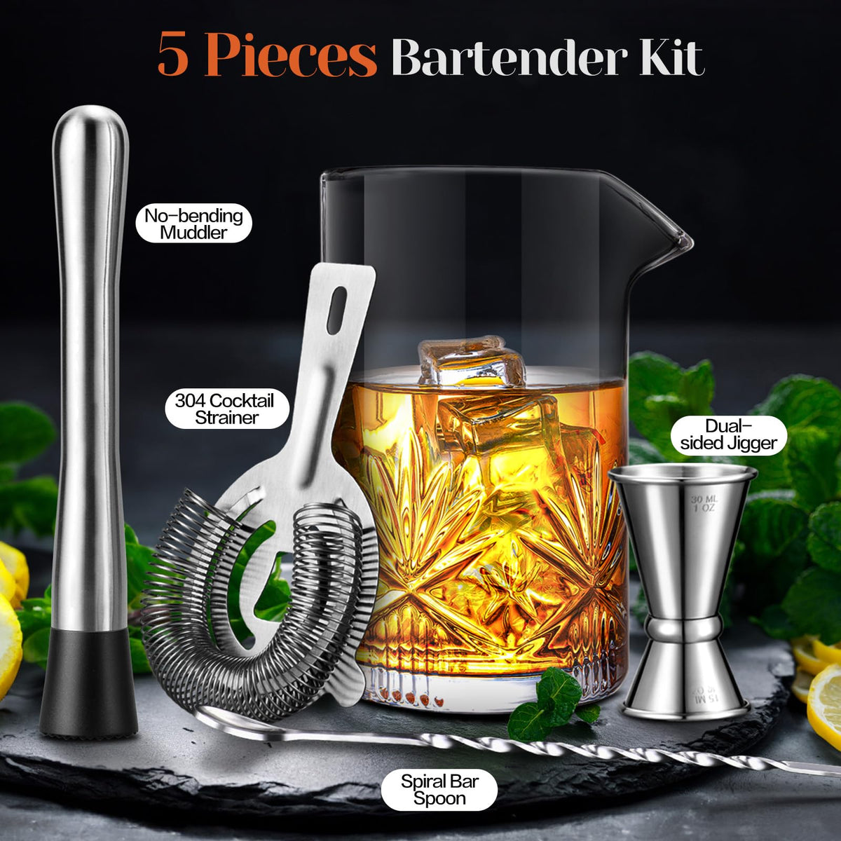 Cocktail Mixing Glass, veecom 18oz Crystal Bartender Kit, 5 Piece Bar Mixing Glass Old Fashioned Cocktail Kit with Strainer, Muddler, Spoon, Jigger, Cocktail Mixer