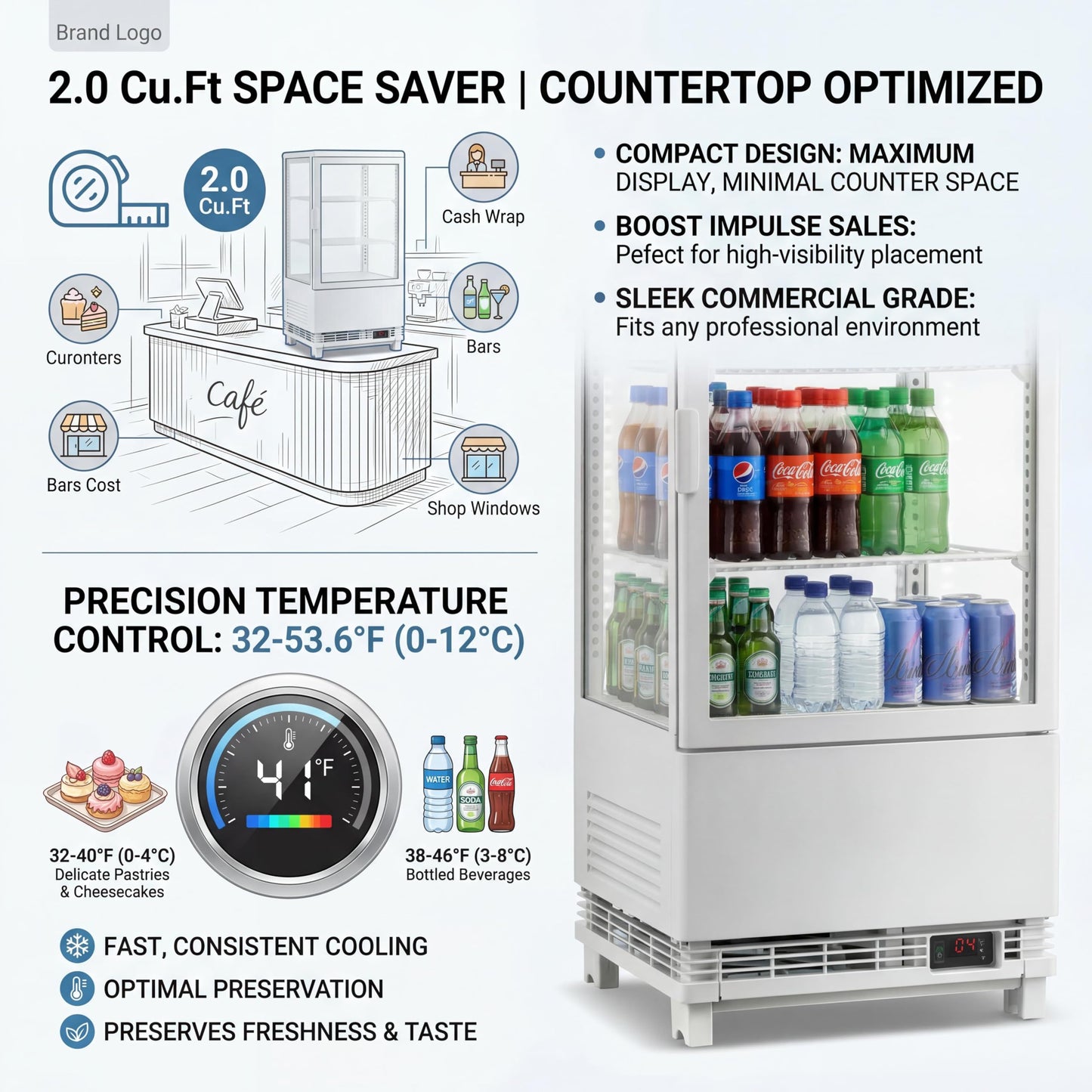 Countertop Display Refrigerator 2.0 Cu.ft, LED Light, Air-Cooling, Sliding Door, Adjustable Shelves, Automatic Defrost, Commercial Mini Fridge for Bakery, Cafe, Restaurant, White