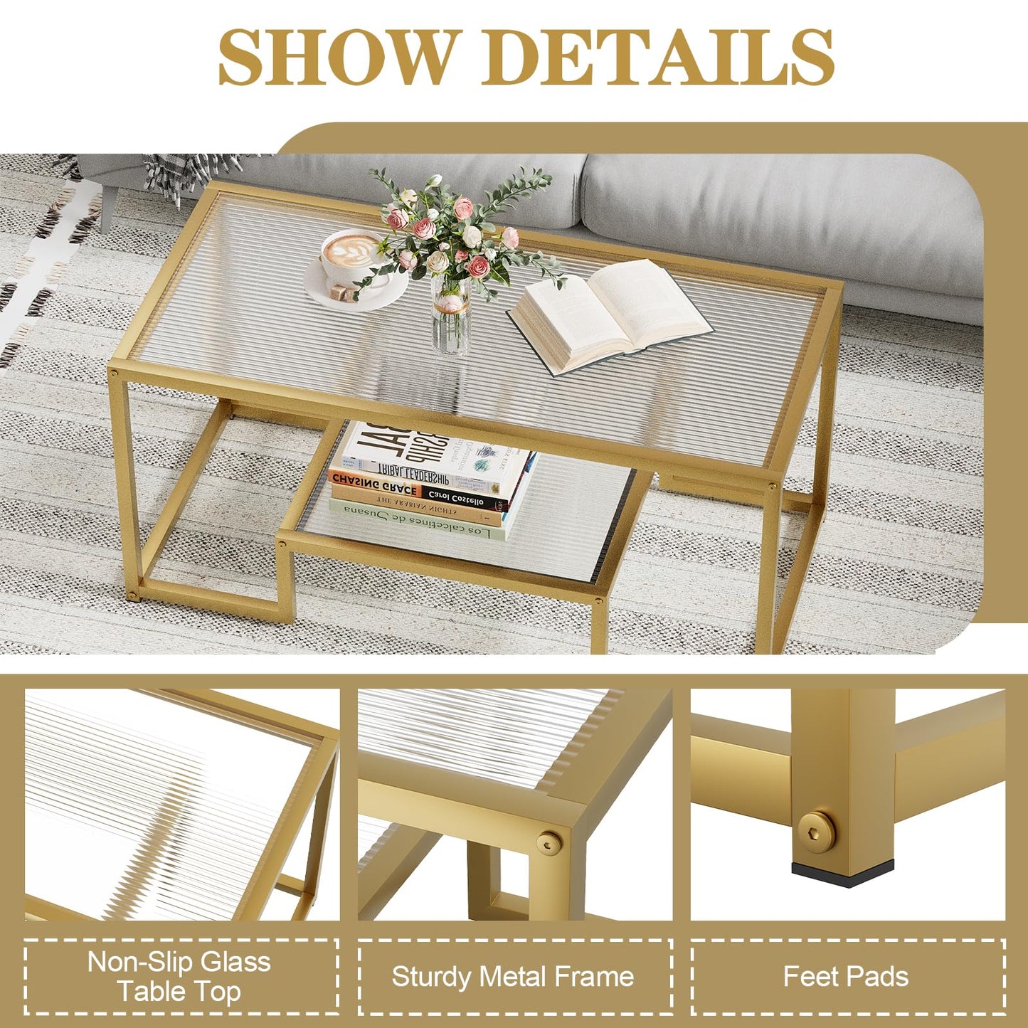 Wolawu Coffee Table Gold Glass Coffee Table for Living Room,2 Tiers Rectangle Center Table with Ribbed Glass Top and Sturdy Metal Frame,Modern Glass Accent Table for Bedroom Home Office