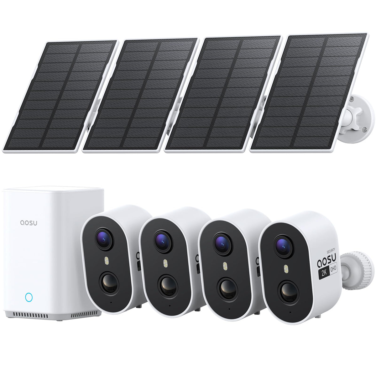aosu Solar Security Cameras Wireless Outdoor Home System, True 2K HD, Cross-Camera Tracking, PIR + AI Human Detection, Color Night Vision, Local Storage, No Subscription Required, 4-Cam-Kit