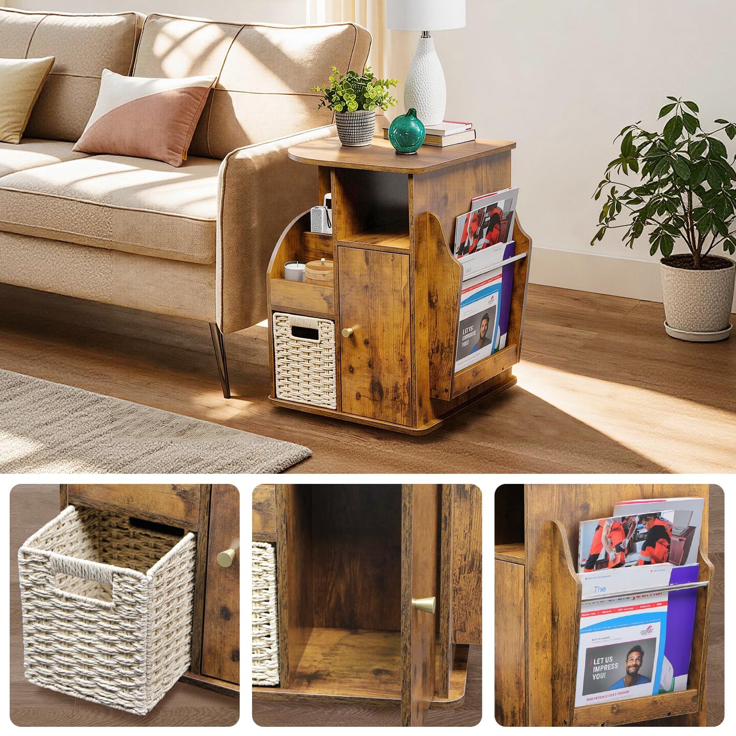 TooCust Rotating End Table with Storage, Swivel Side Table Living Room, Side Table with Magazine Holder, Basket and Cabinet, Sofa Side Farmhouse End Tables with Open Shelf (Rustic Brown)