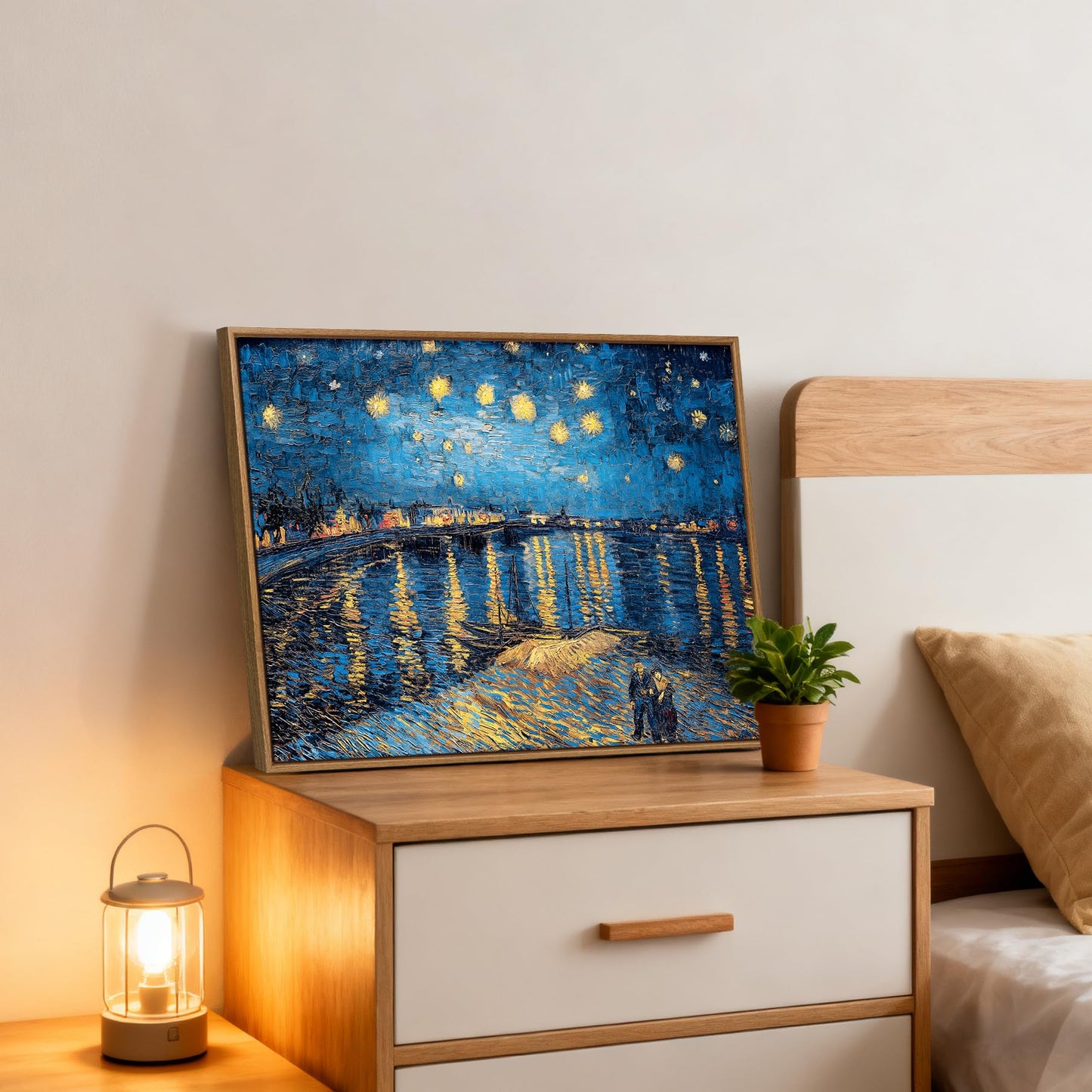 WENGTIAO Framed Canvas Wall Art Starry Night Over The Rhone by Van Gogh Oil Paintings Vintage Landscape Print Reproduction Retro Blue and Yellow Artwork Pictures for Living Room Bedroom Office Study 12”x16”