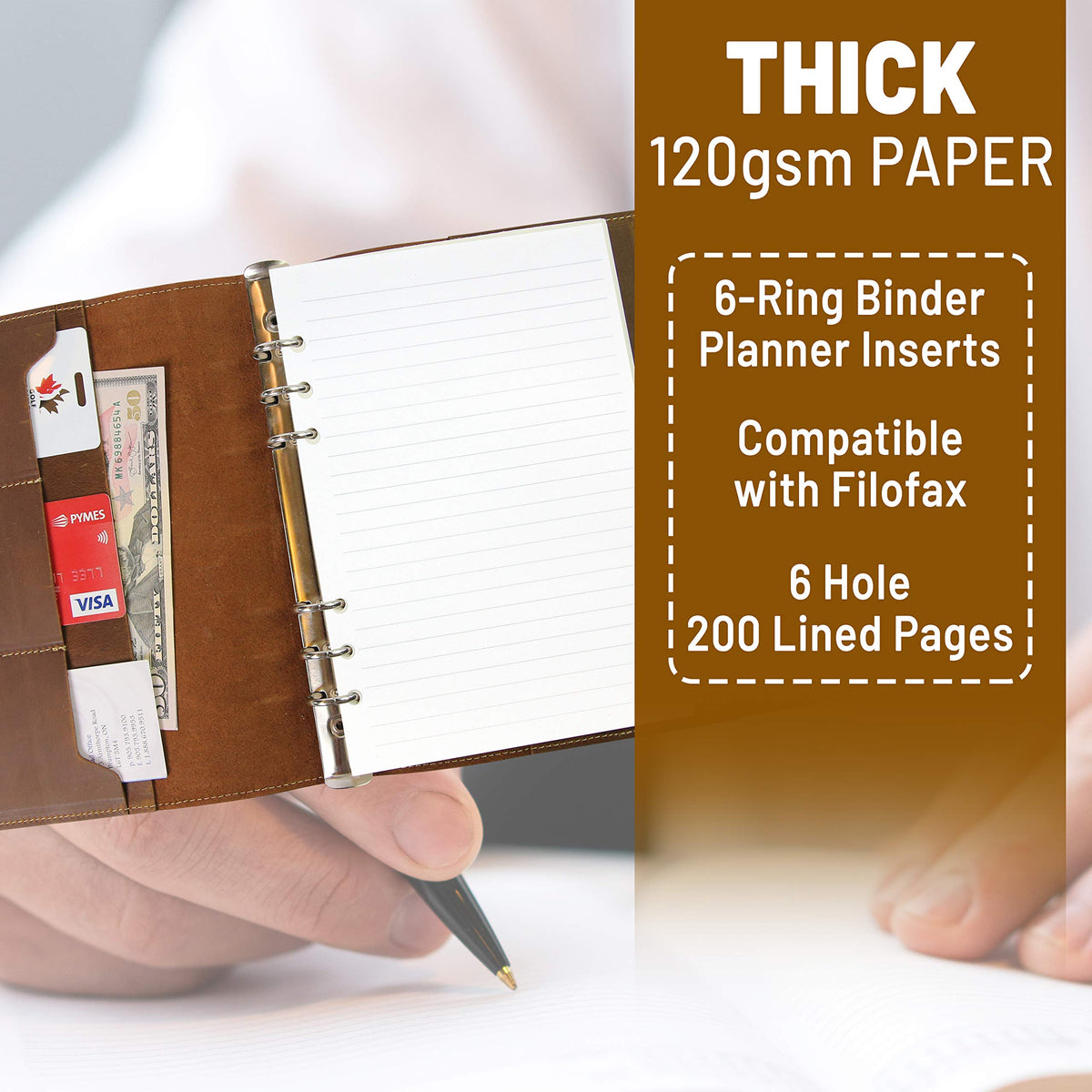 Wanderings A5 6-Ring Binder Planner Inserts - 8 1/4 x 5 5/8" - Thick Cream Color Lined 120 gsm Loose Leaf A5 Paper Refills Compatible with Filofax 6 Hole 100 Sheets 200 Lined Pages