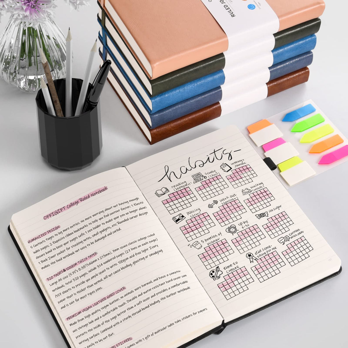5 Pack College Ruled Notebook, 312 Numbered Pages Thick Notebooks Bulk, 100gsm No Bleed Paper Hardcover Leather Journal, Lined Journal Notebook Set for Women Men School Office, A5, Multicolor