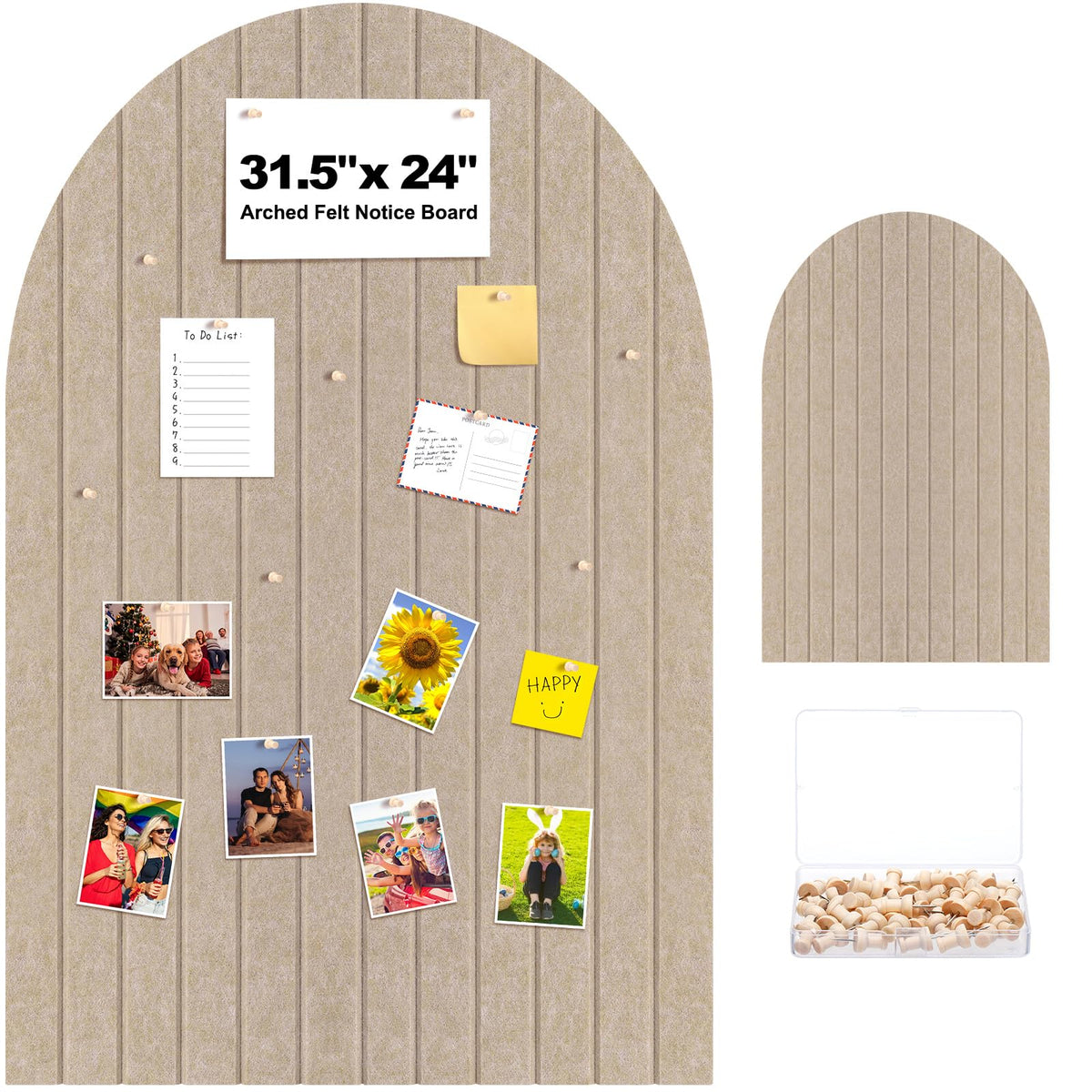 SmoothNovelty 31.5 X24 Inch Large Arch Felt Bulletin Board with 50 Wooden Pushpins Decorative Picture Framed Display Board Felt Tile Wall Organizer for School Home Office Boho Wall Decor(Dark Camel)