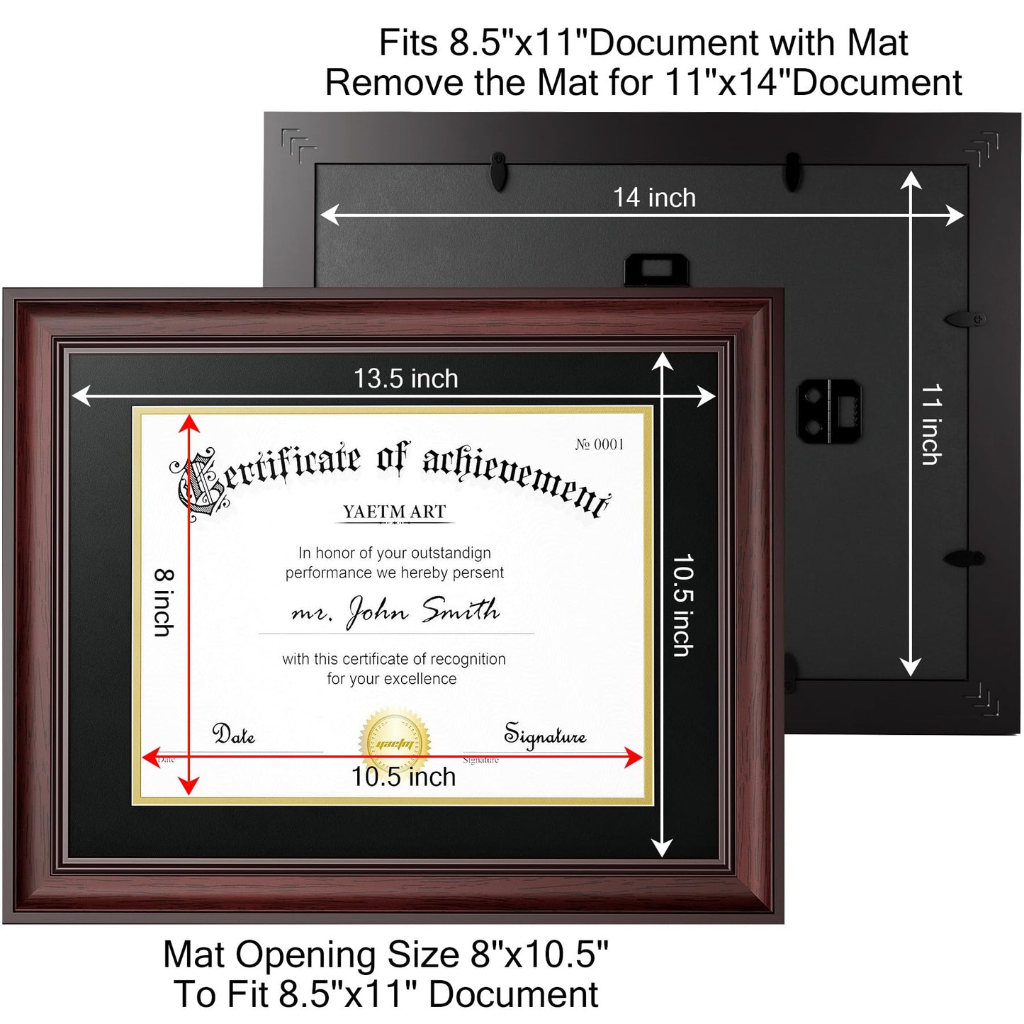 Yaetm 11x14 Diploma Frame, Certificate Frame with Tempered Glass, Display 8.5x11 Document with Black Over Gold Acid-free Mat or 11 x 14 without Mat, Wide Molding (Single, Mahogany)
